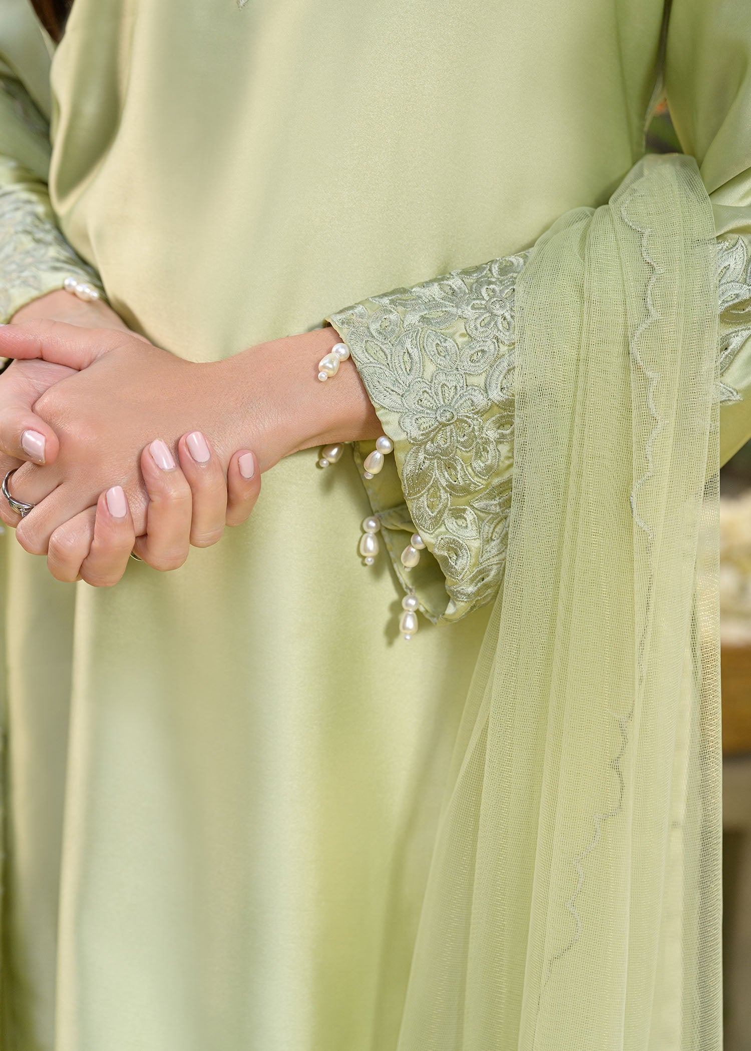 silk charmeuse Kurta Set in Sage green