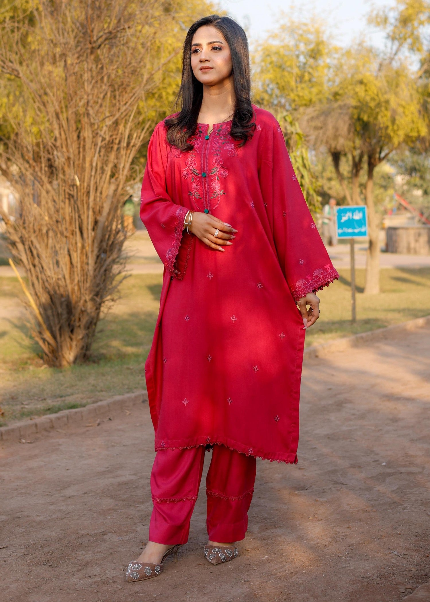 linen Kurta Set in Vivid pink