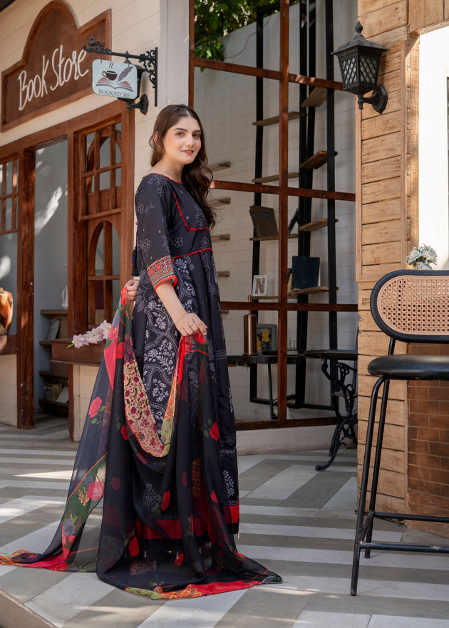 poly lawn Anarkali in Black, red, white