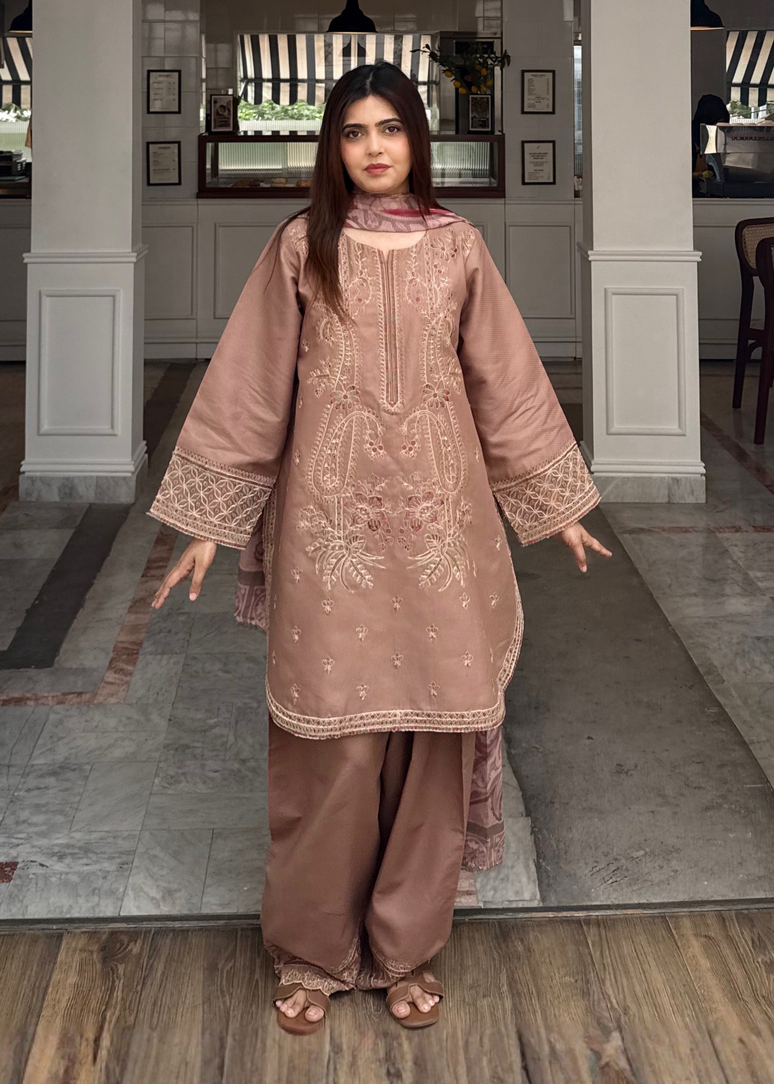 dobby Kurta Set in Camel brown
