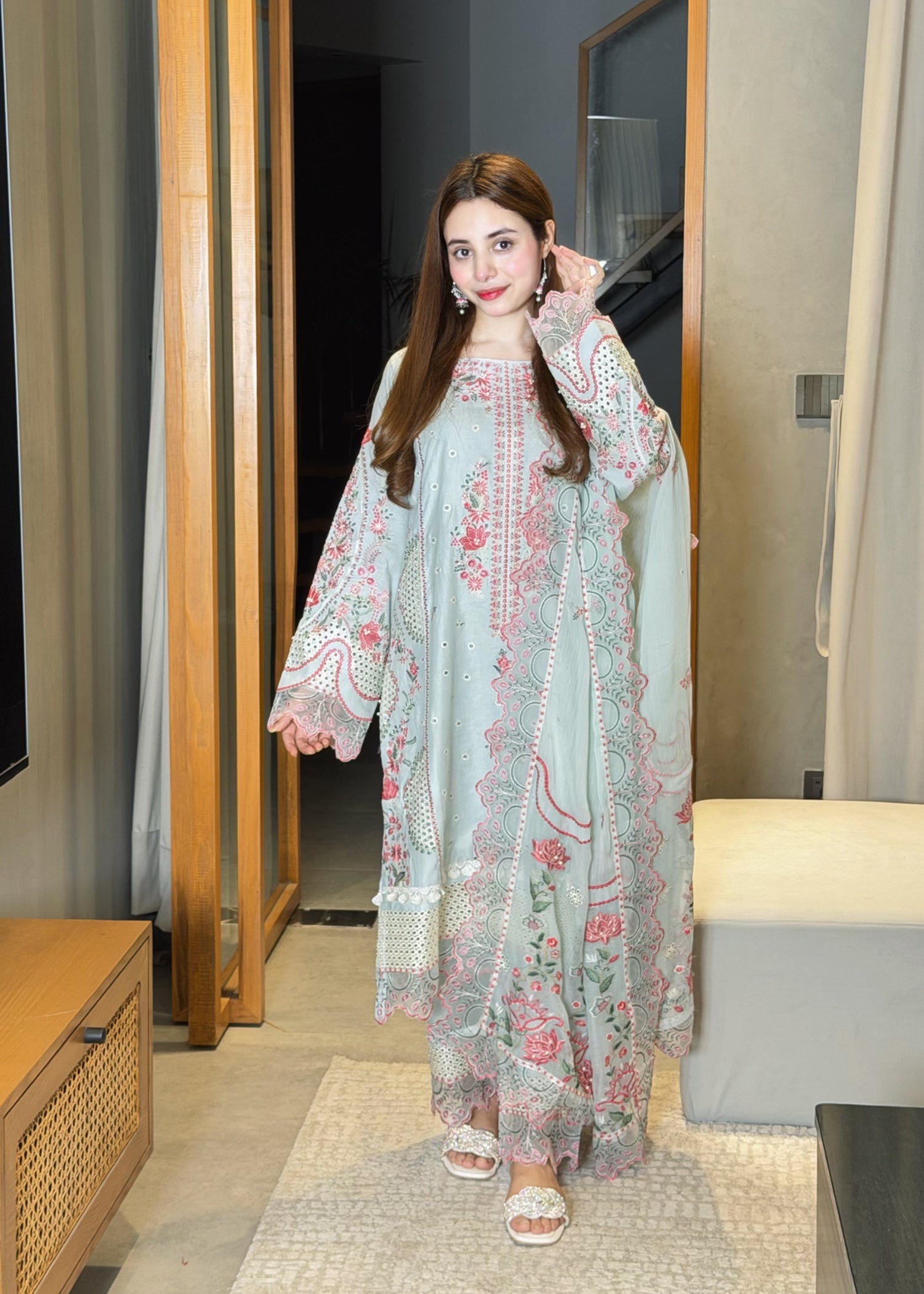 lawn Kurta Set in Ash grey, pink