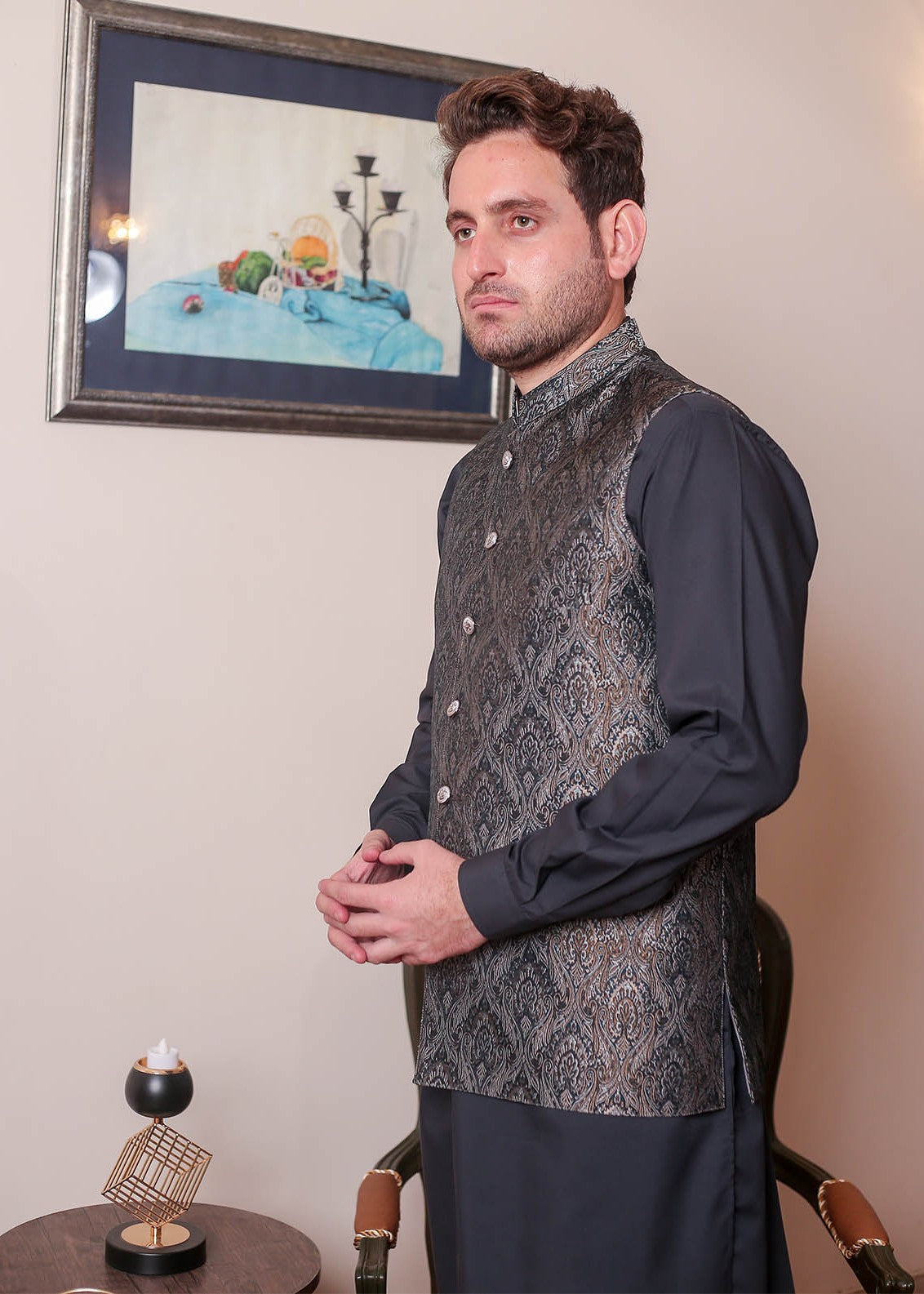 banarsi silk Waistcoat in Dark grey