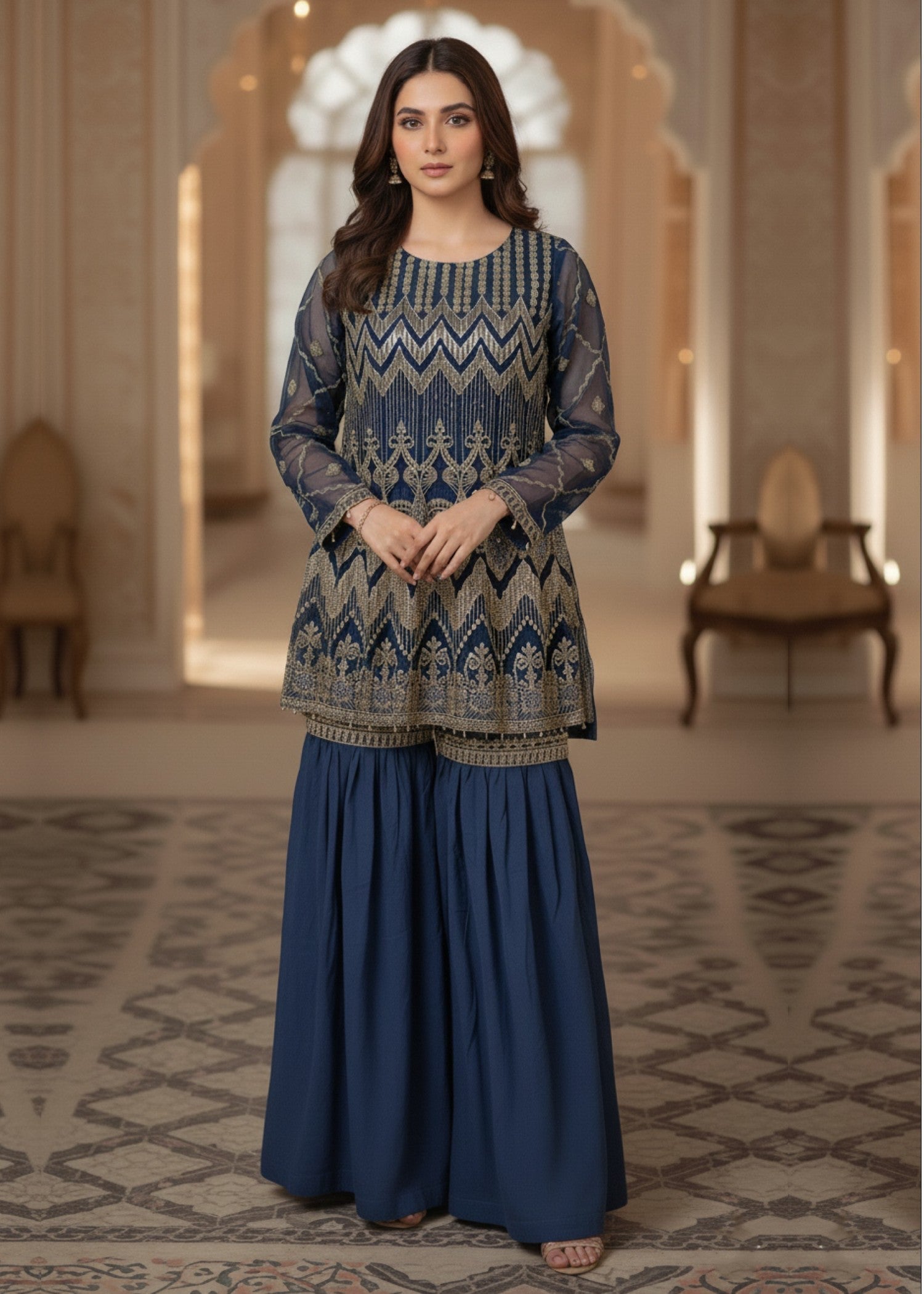 organza Gharara in Blue