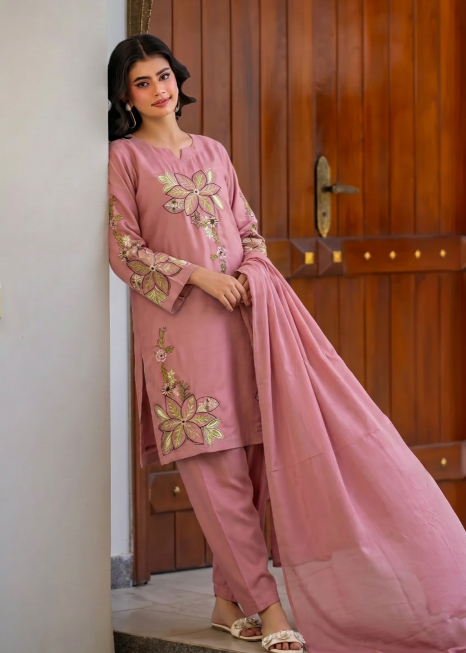 linen Kurta Set in Rose pink