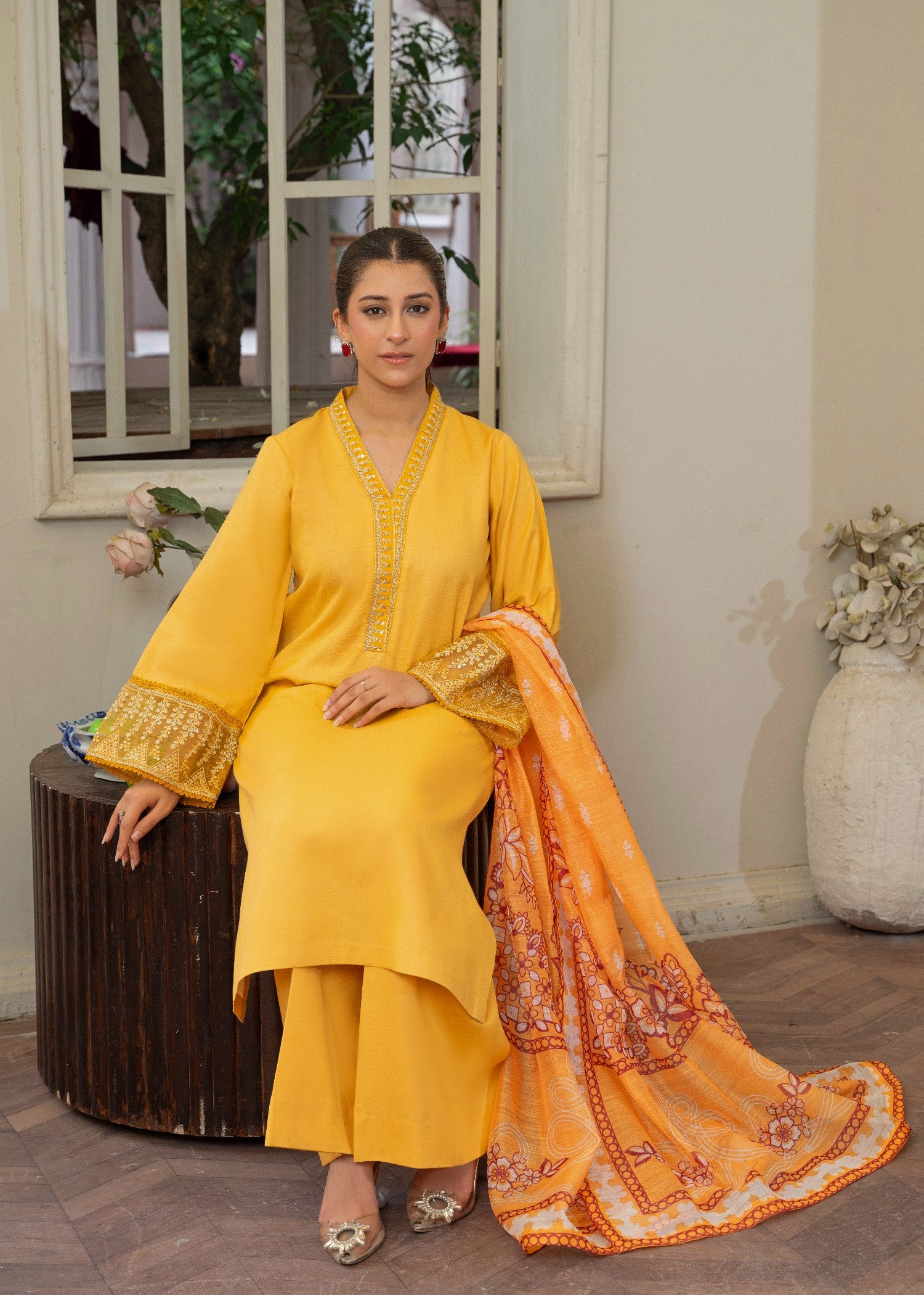 lawn karandi Kurta Set in Marigold