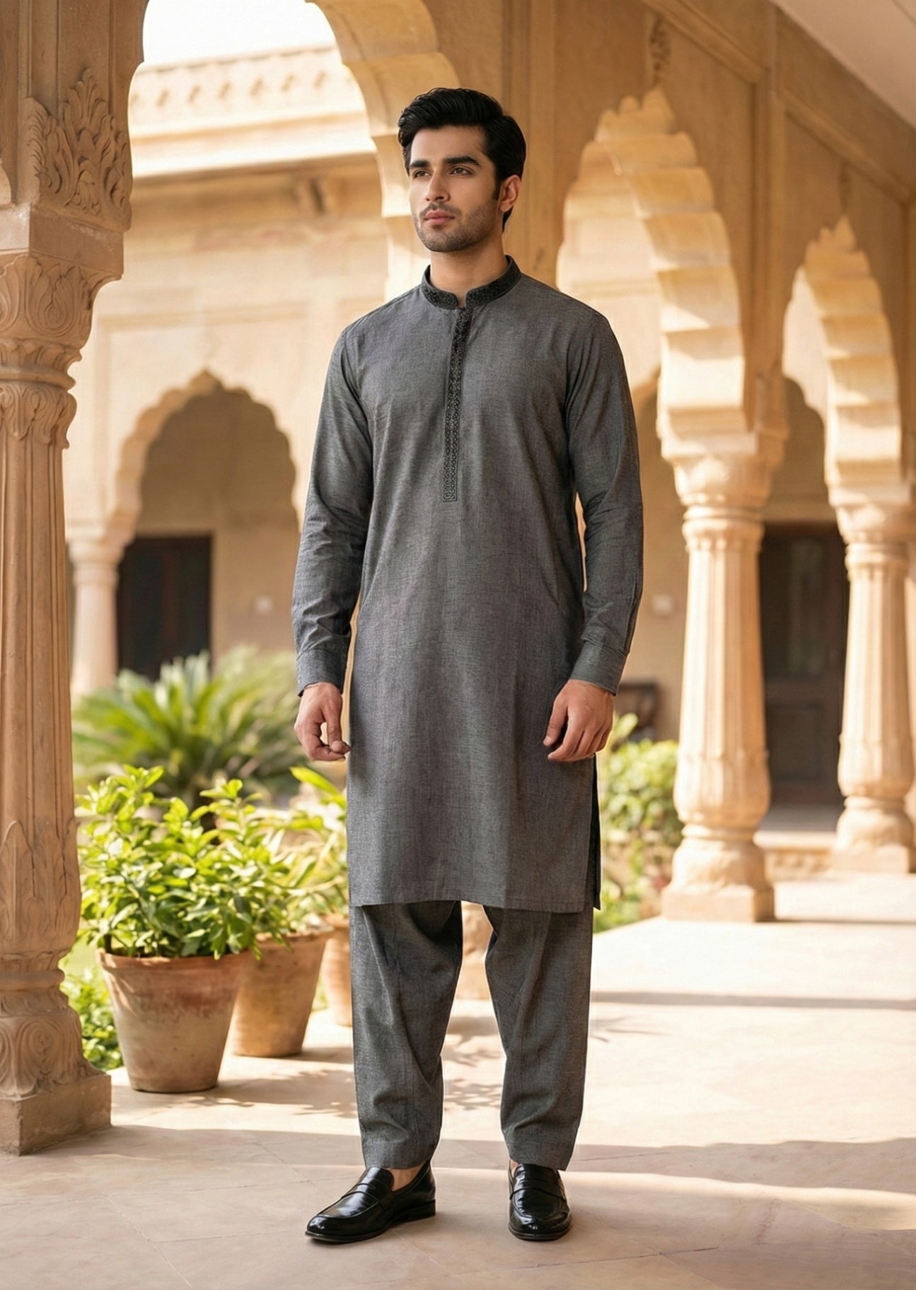 textured wash & wear Shalwar Kameez in Charcoal