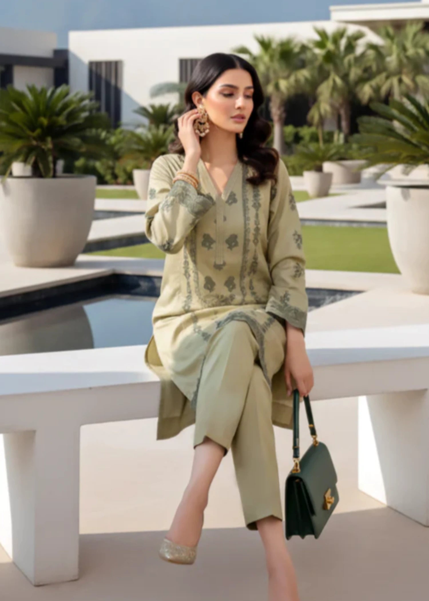 cotton net Kurta Set in Sage green