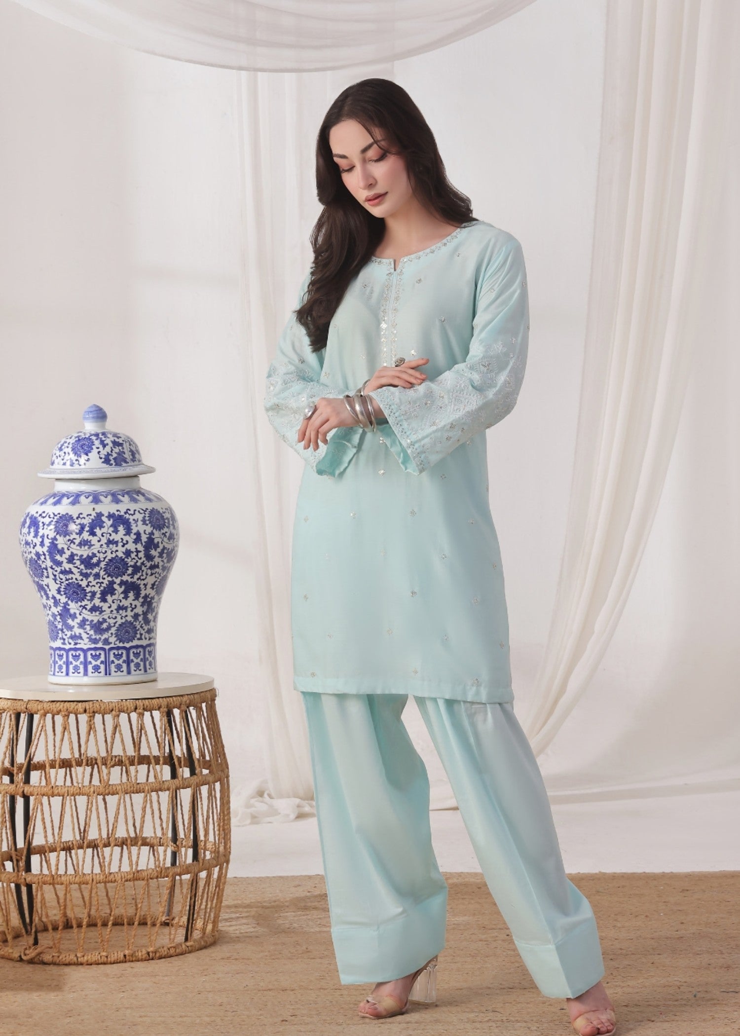 lawn cotton Kurta Set in Ice blue