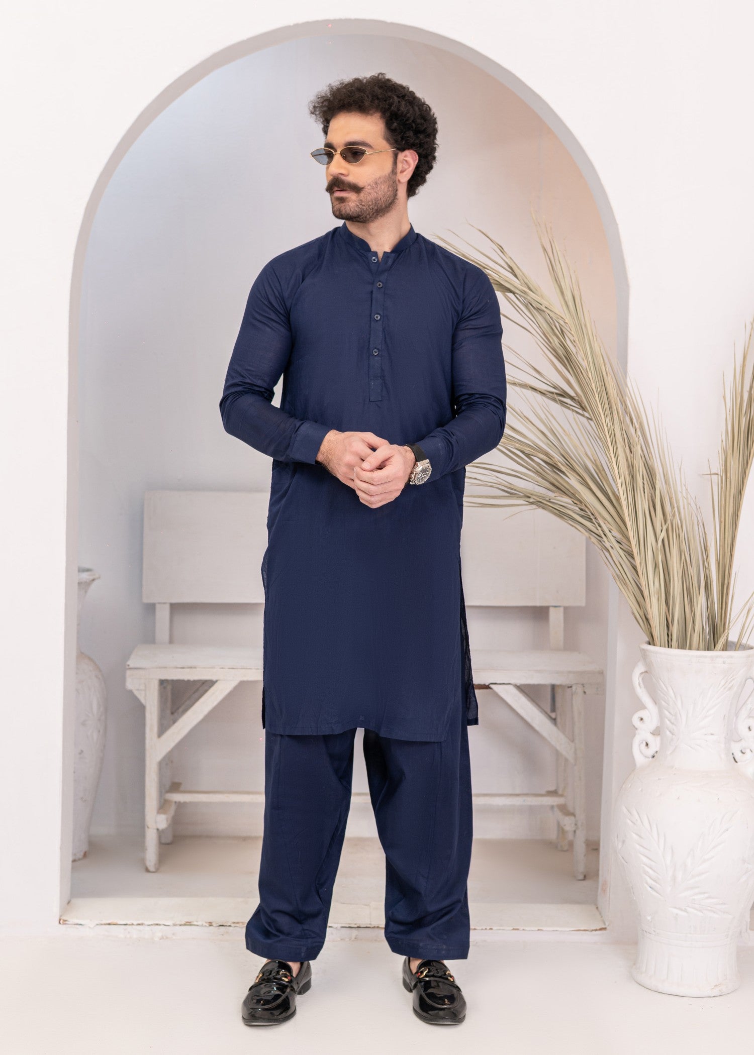 cotton Shalwar Kameez in Navy blue by Hassan Jee Men