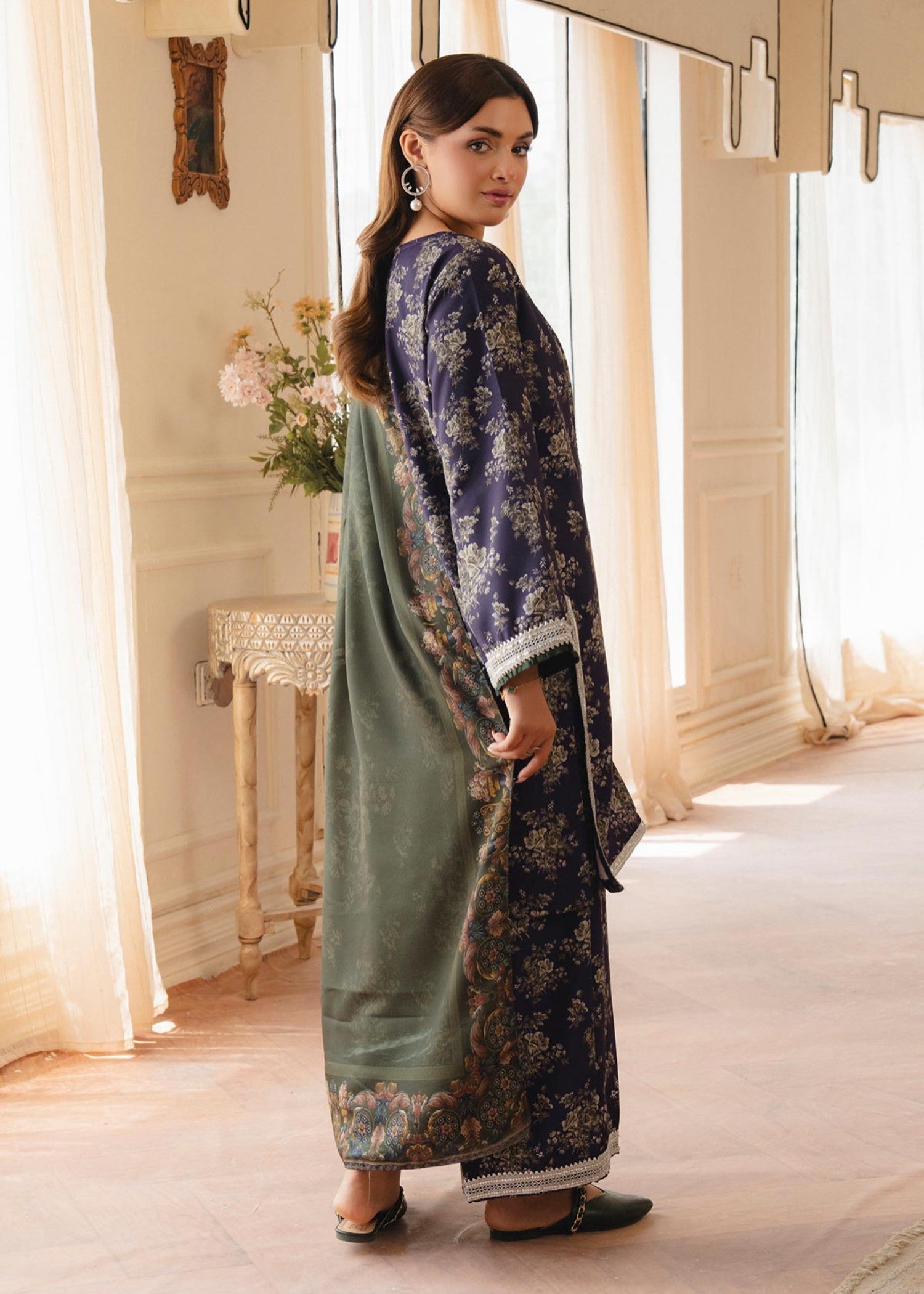 twill khaddar Kurta Set in Avocado green, deep purple