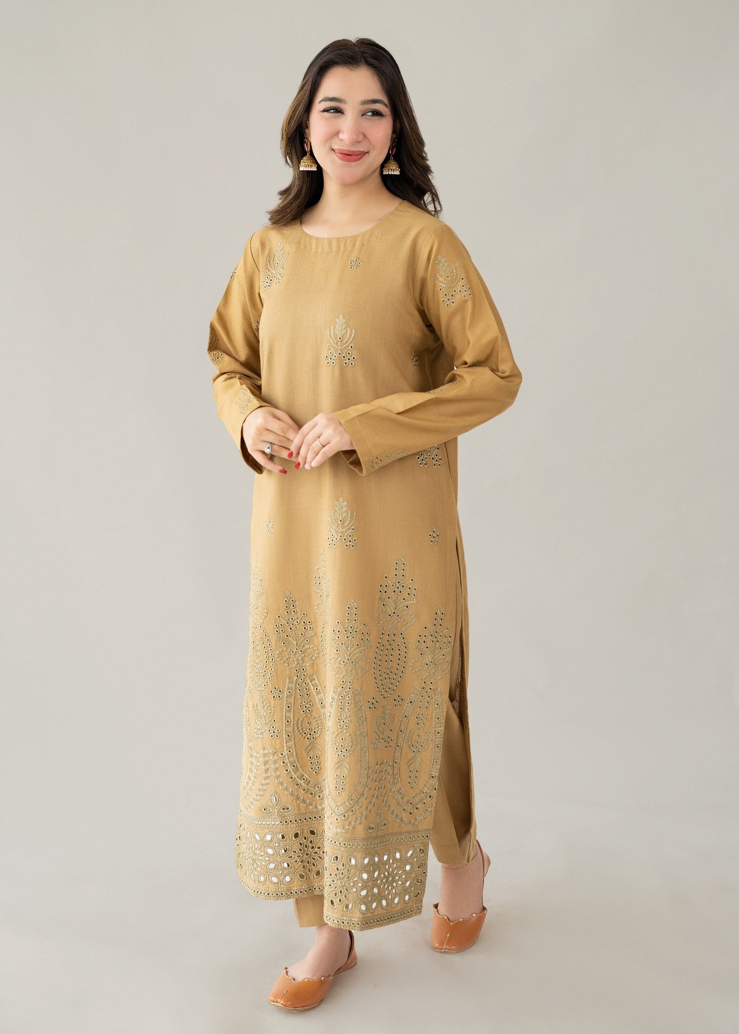 slub khaddar Kurta Set in Brown