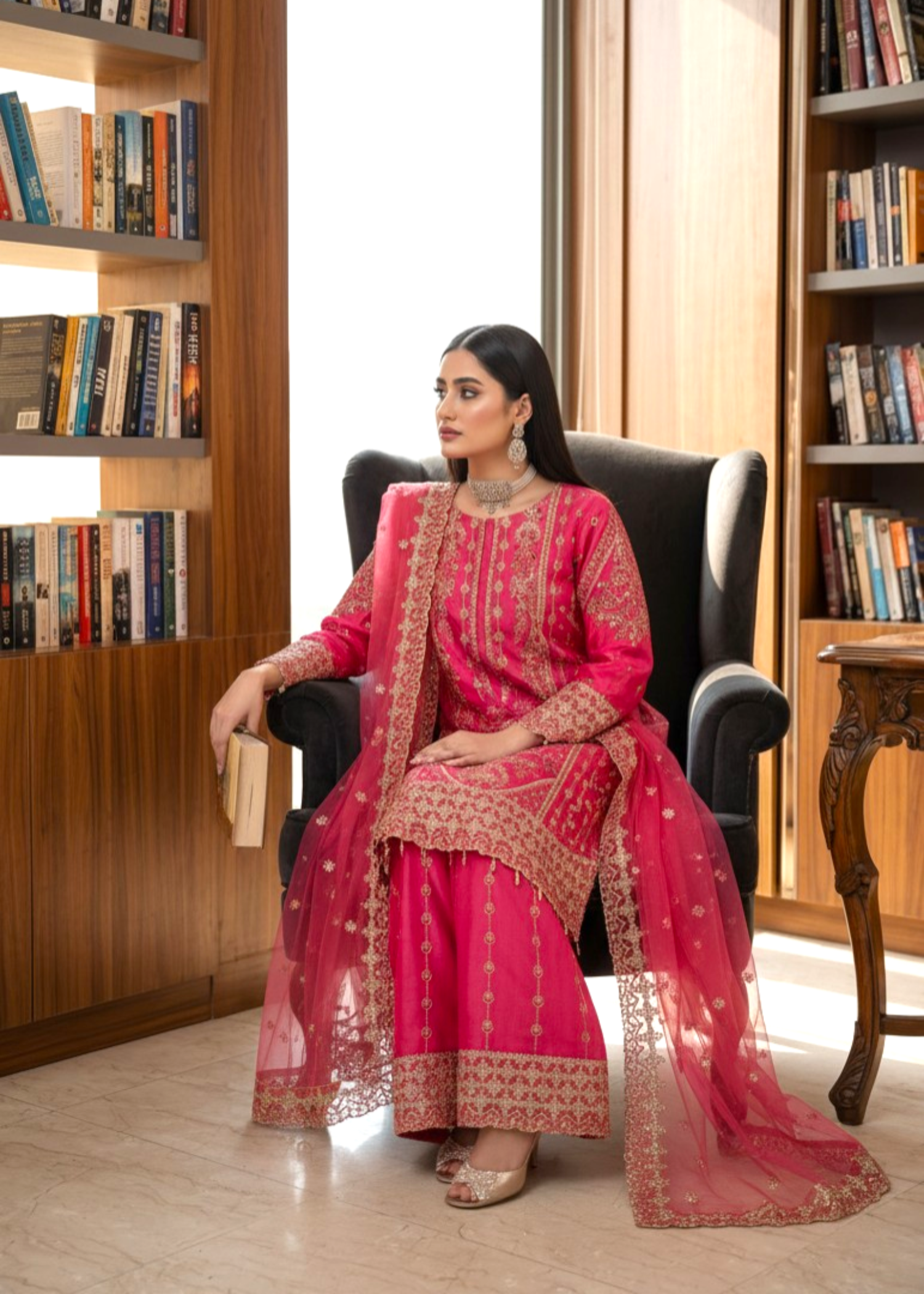 pk raw silk Kurta Set in Hot pink red