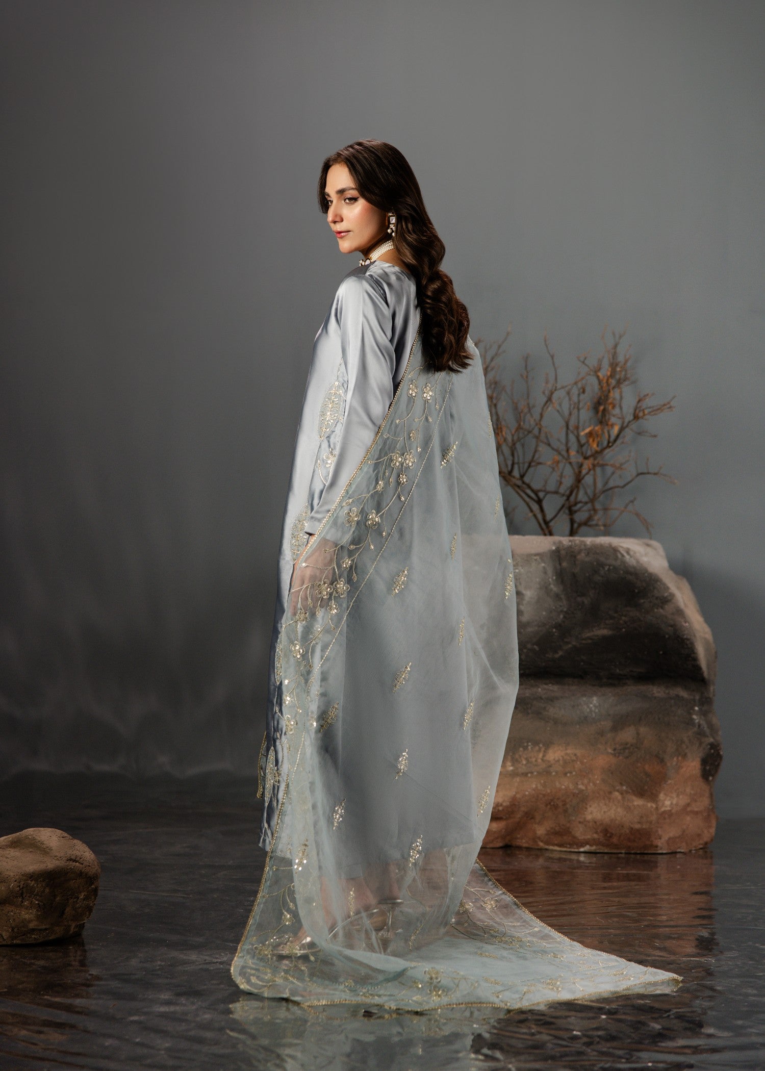 silk Kurta Set in Duck egg grey