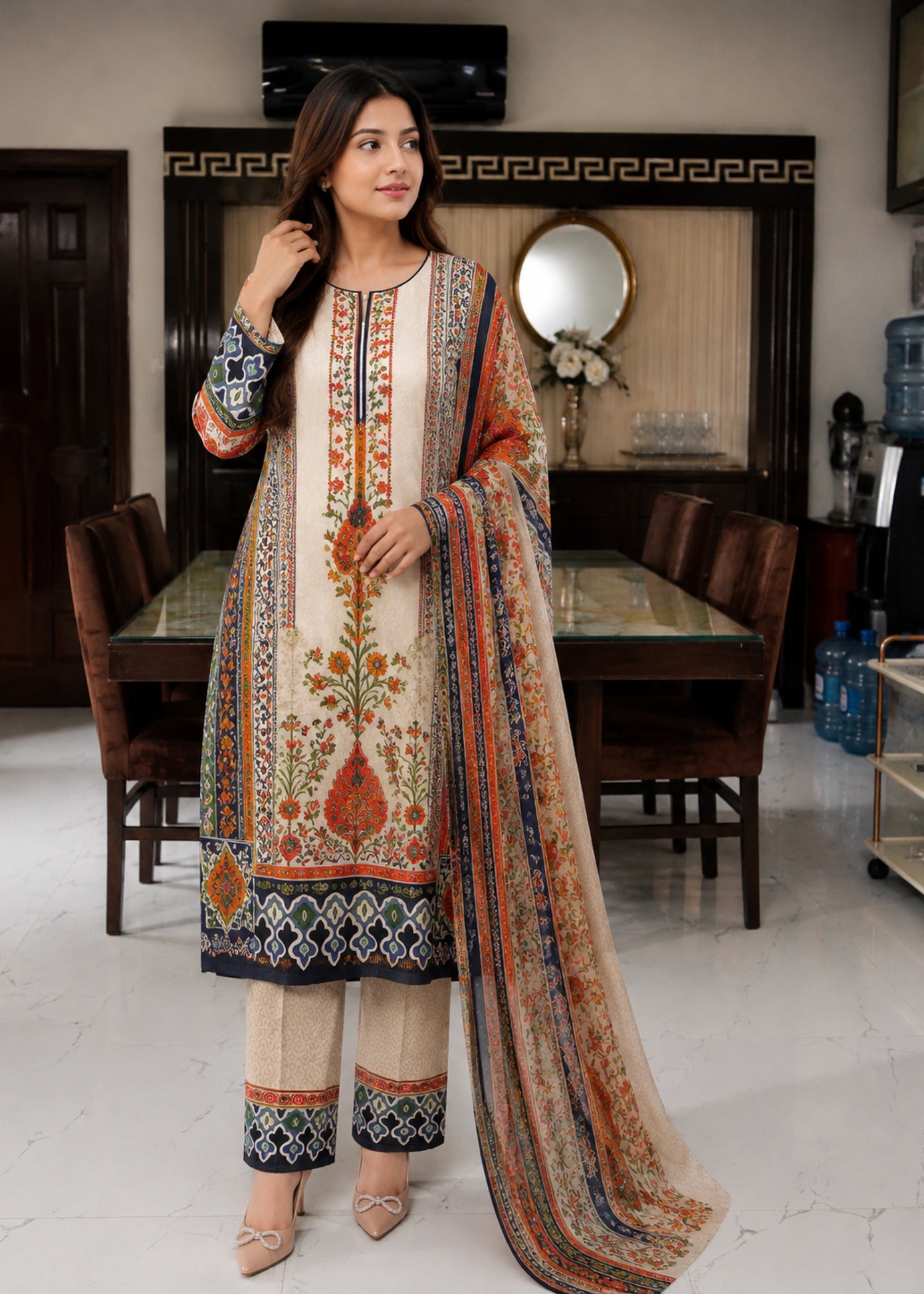 silk finish lawn Kurta Set in Multi, eggshell
