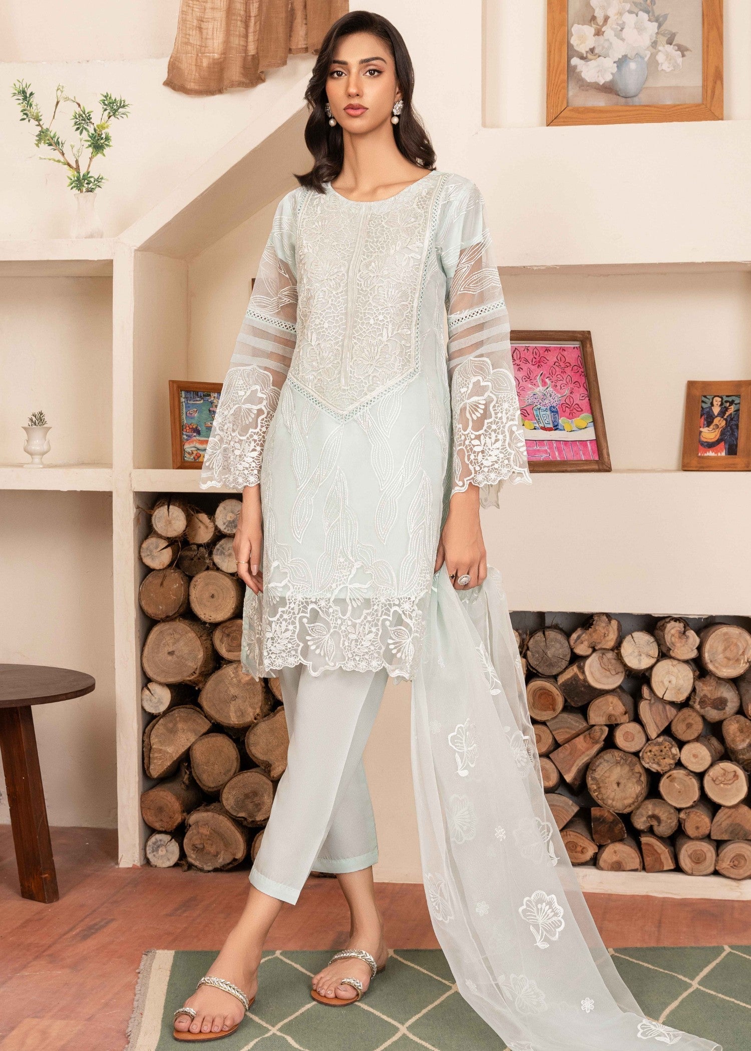 organza Kurta Set in Light blue