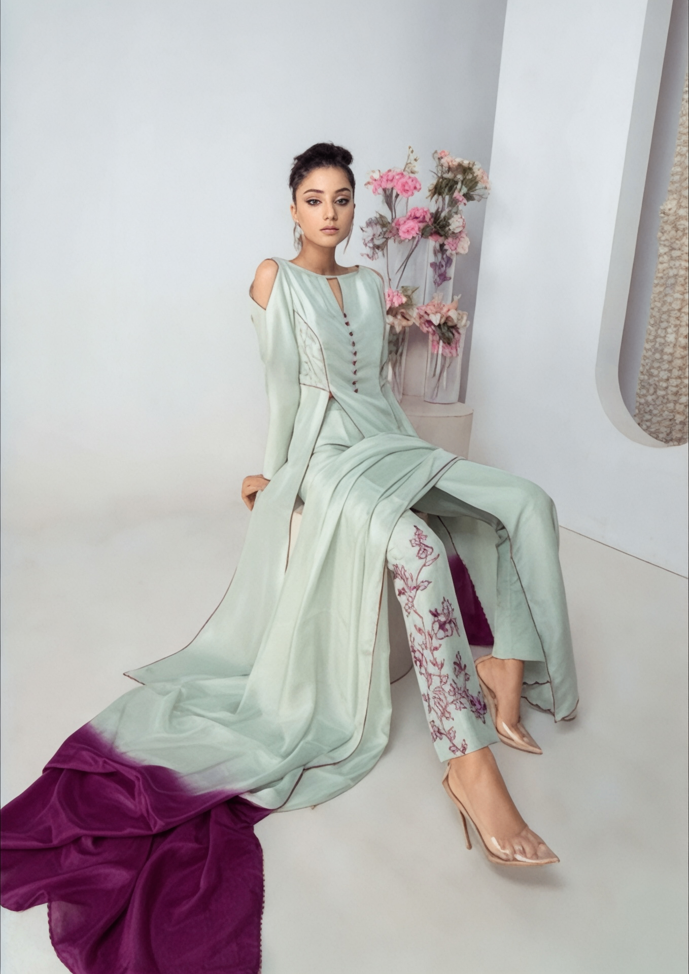 raw silk Kurta Set in Light cyan