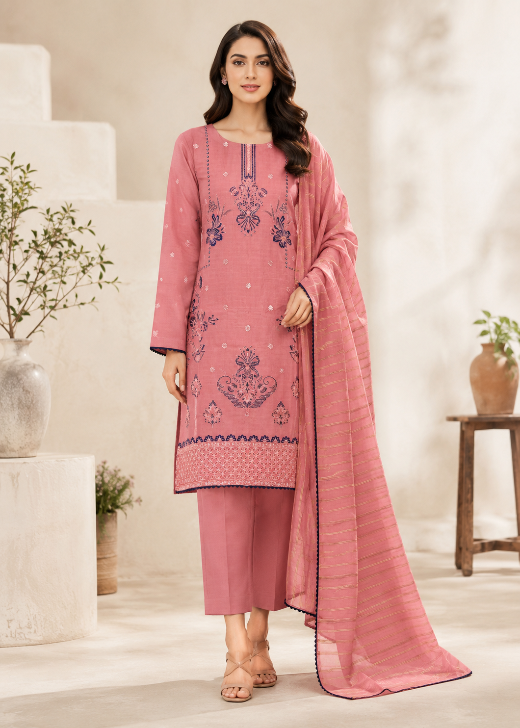cotton Kurta Set in Coral pink
