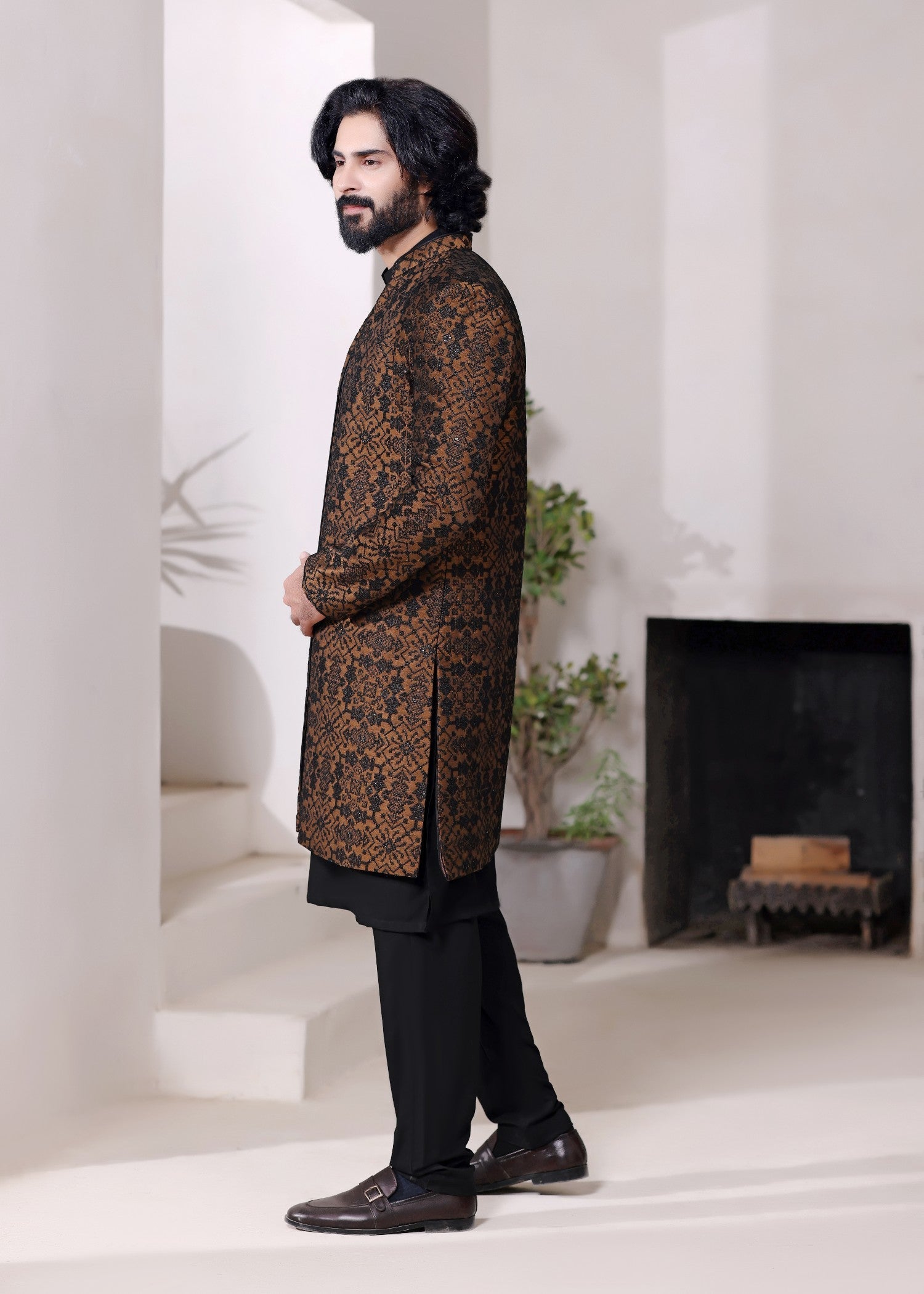 cotton silk banarasi Sherwani in Brown by The Great Masters (TGM)