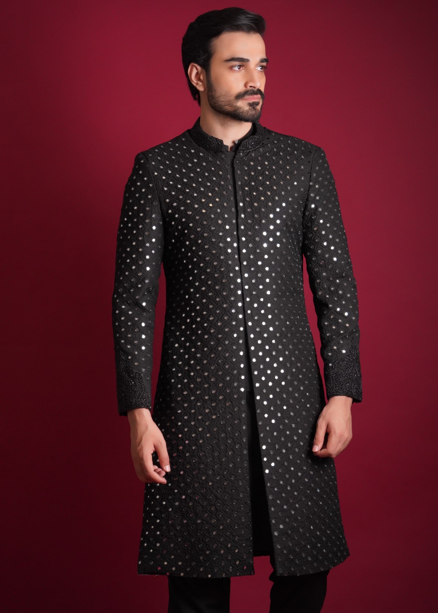 korean raw silk Sherwani in Black