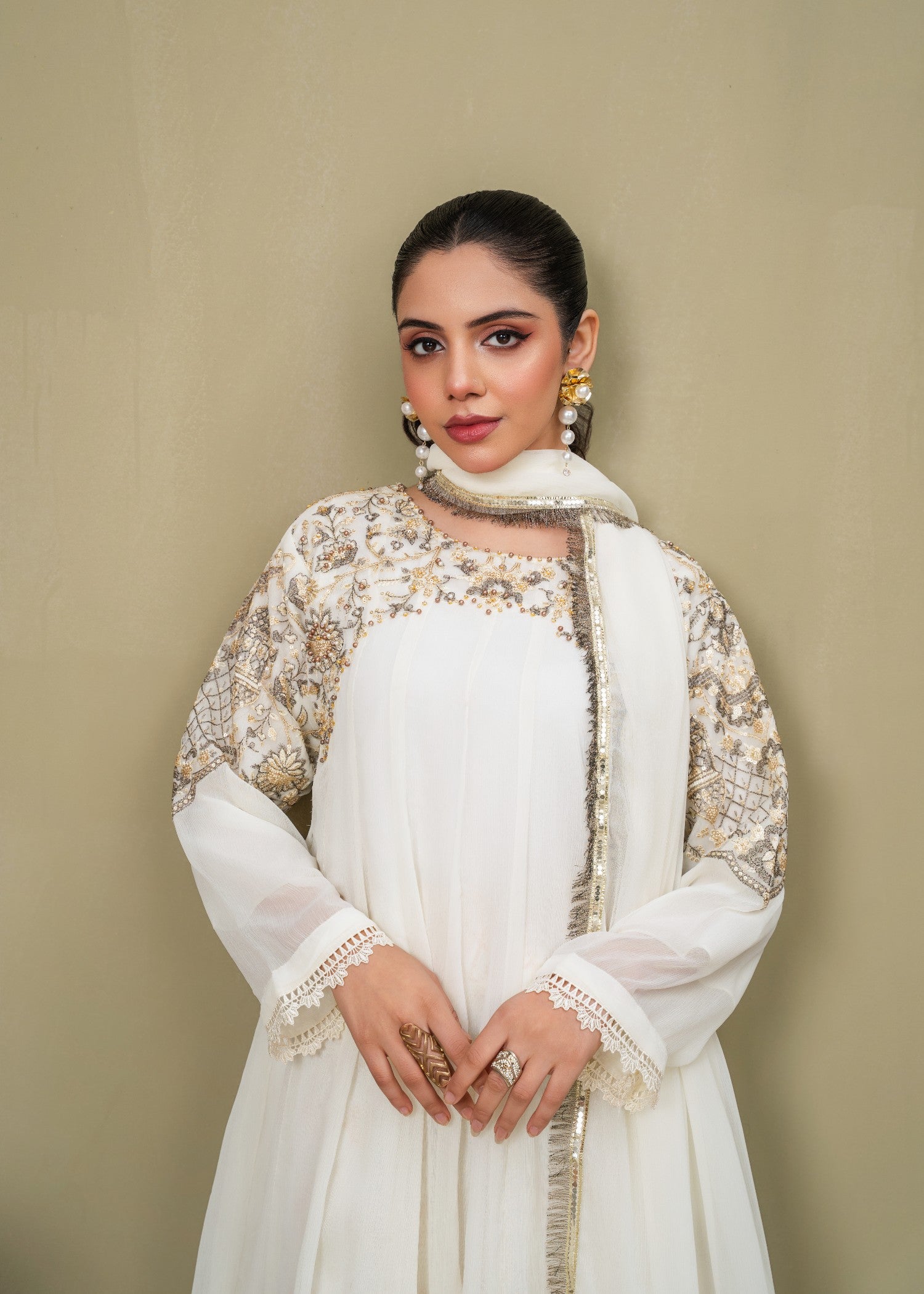 chiffon Short Frock in White, floral white