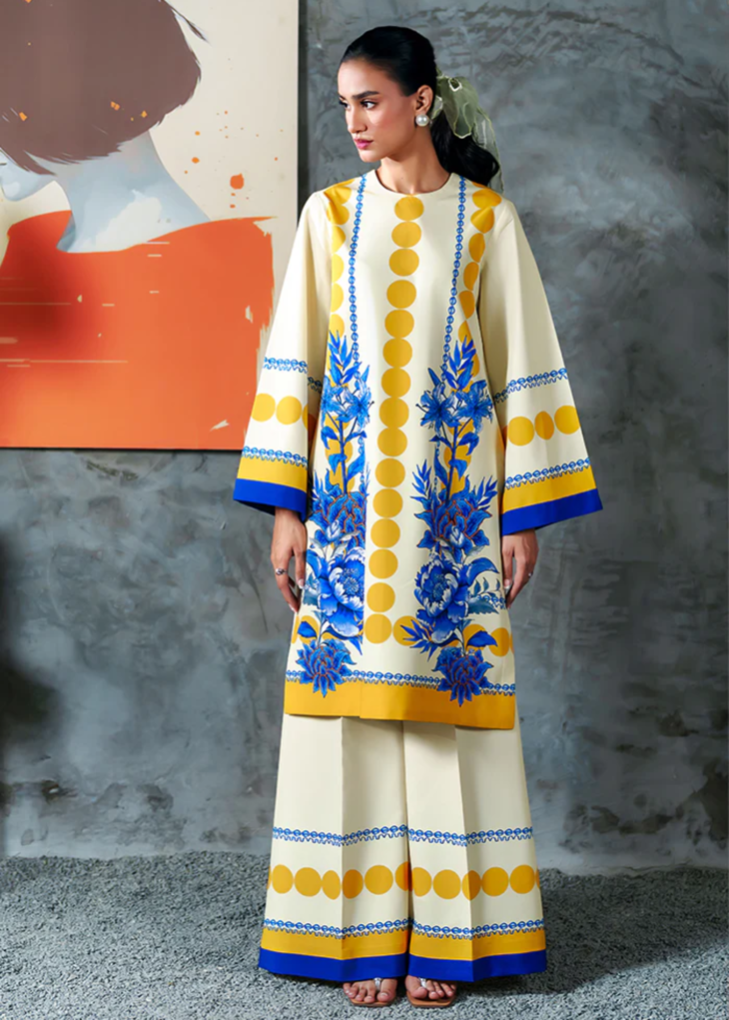 crepe Co Ord Sets in Cream, blue, mellow yellow