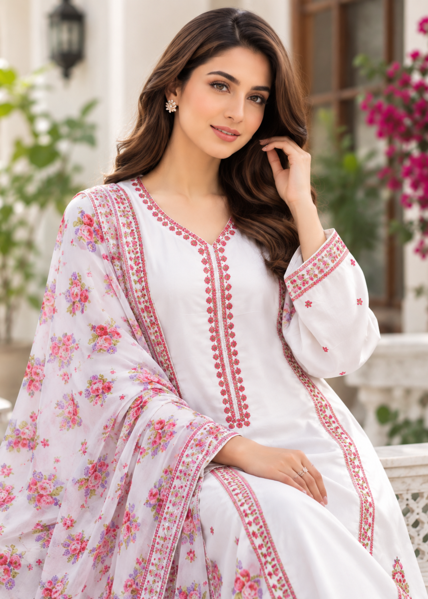 silk charmeuse Kurta Set in White