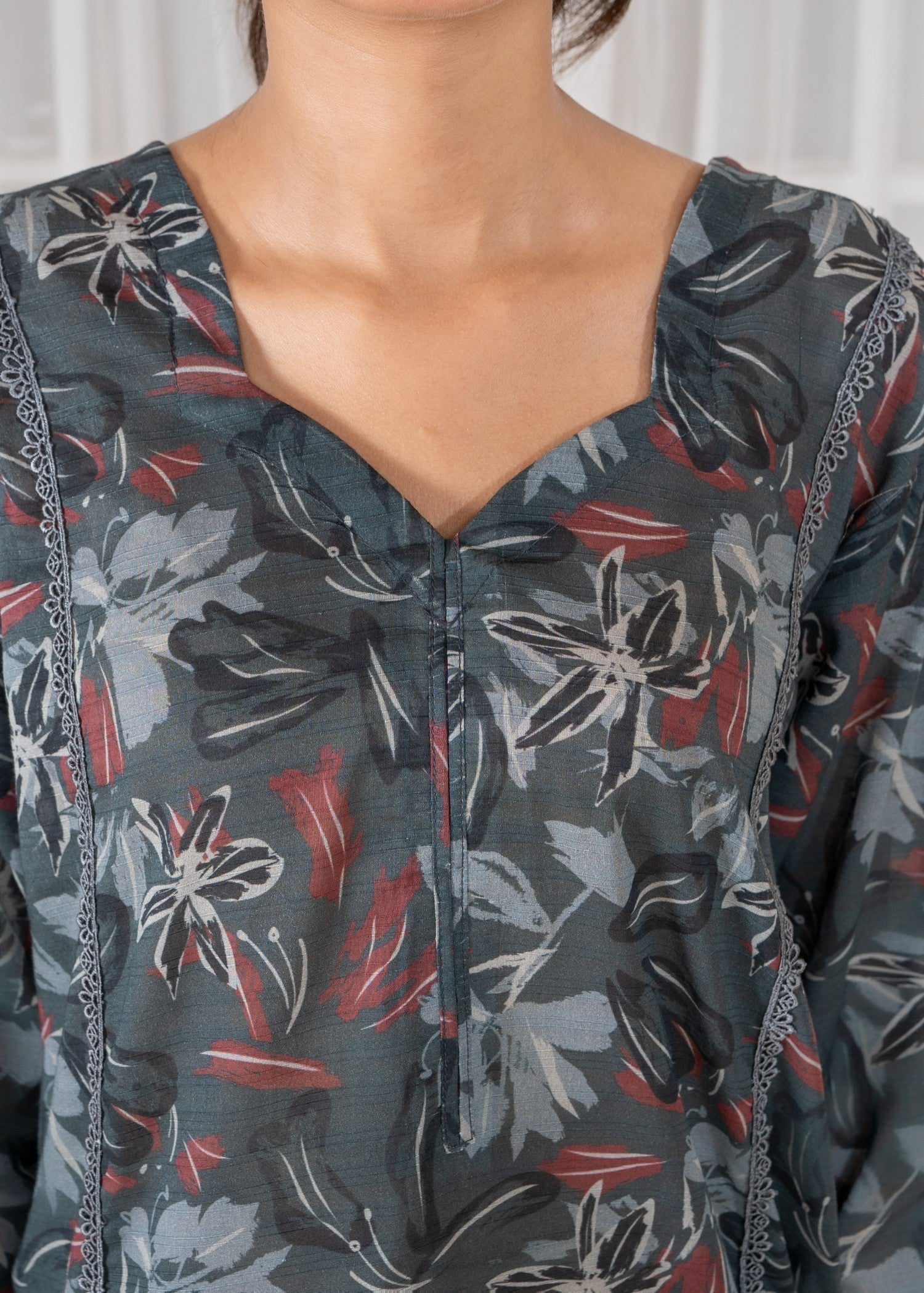 textured lawn Kurta Set in Battleship grey