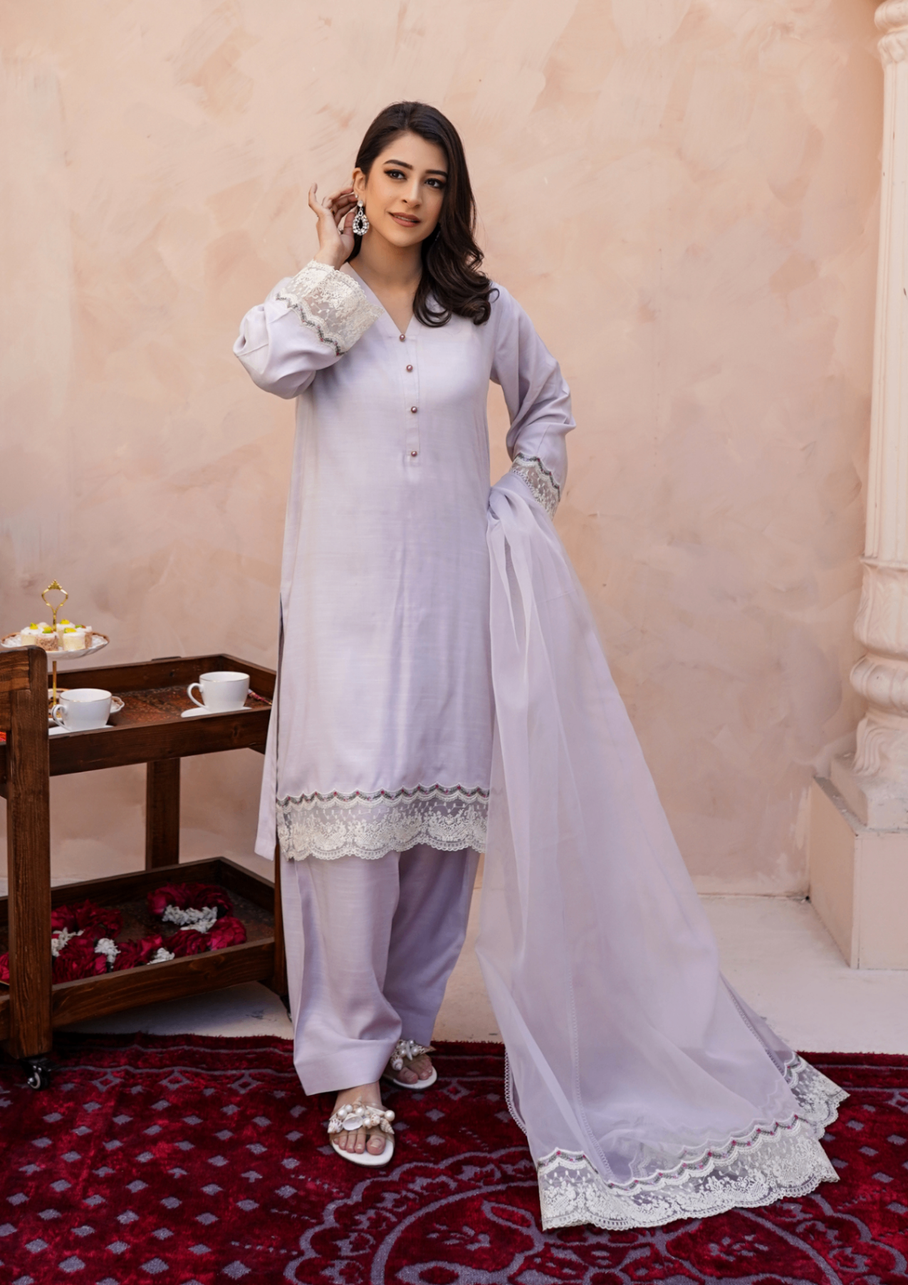 viscose raw silk Kurta Set in Lavender