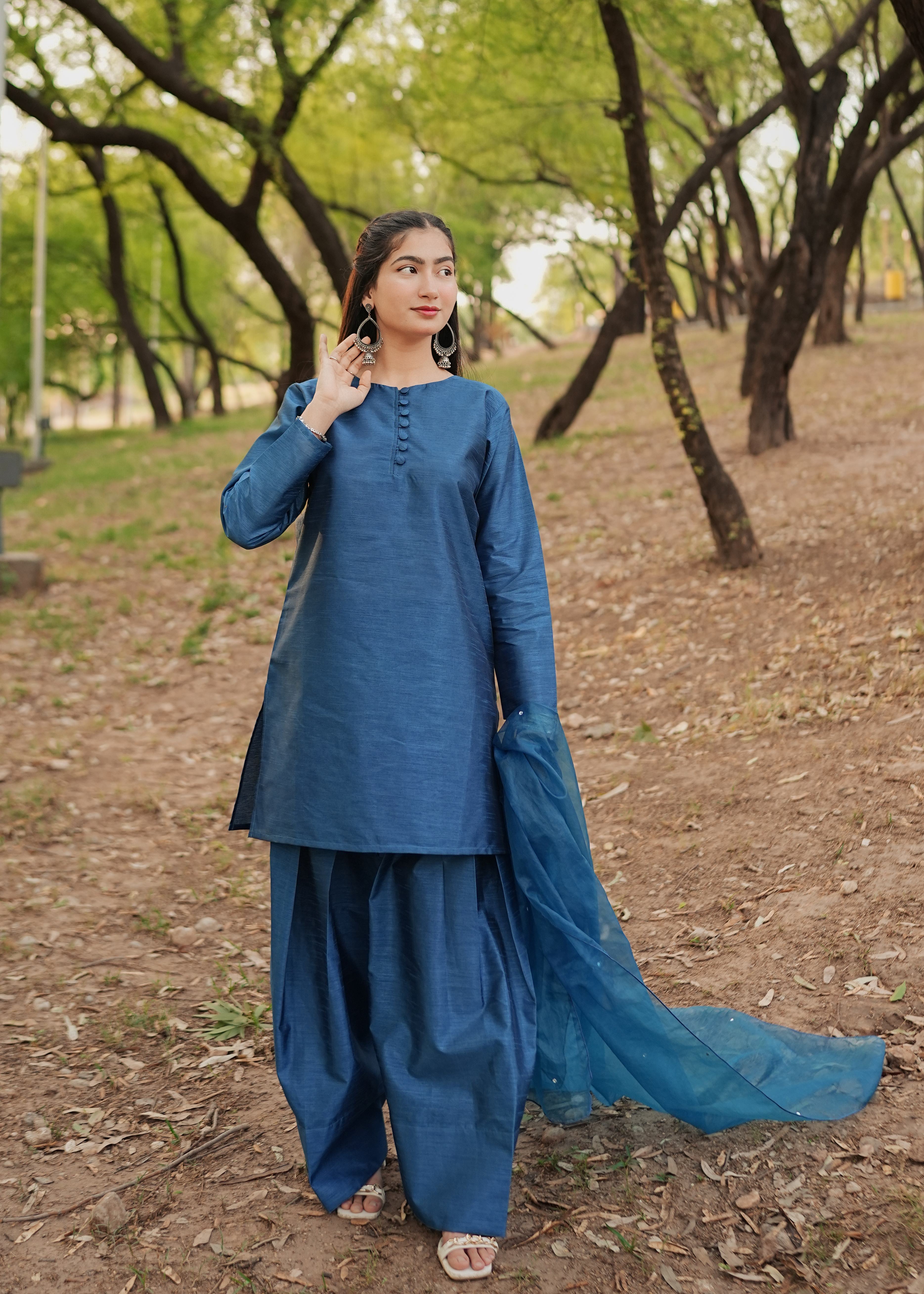 raw silk Kurta Set in Steel blue