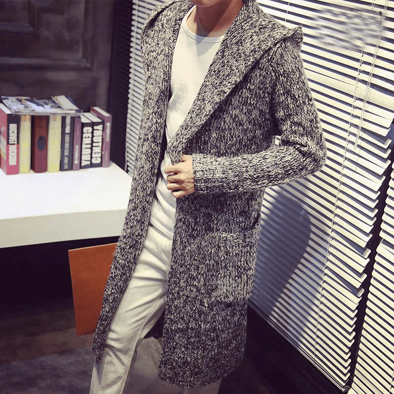 Men'S Hooded Mohair Loose Long Sweater Cardigan Fashion Pocket Knit Sweater Jacket