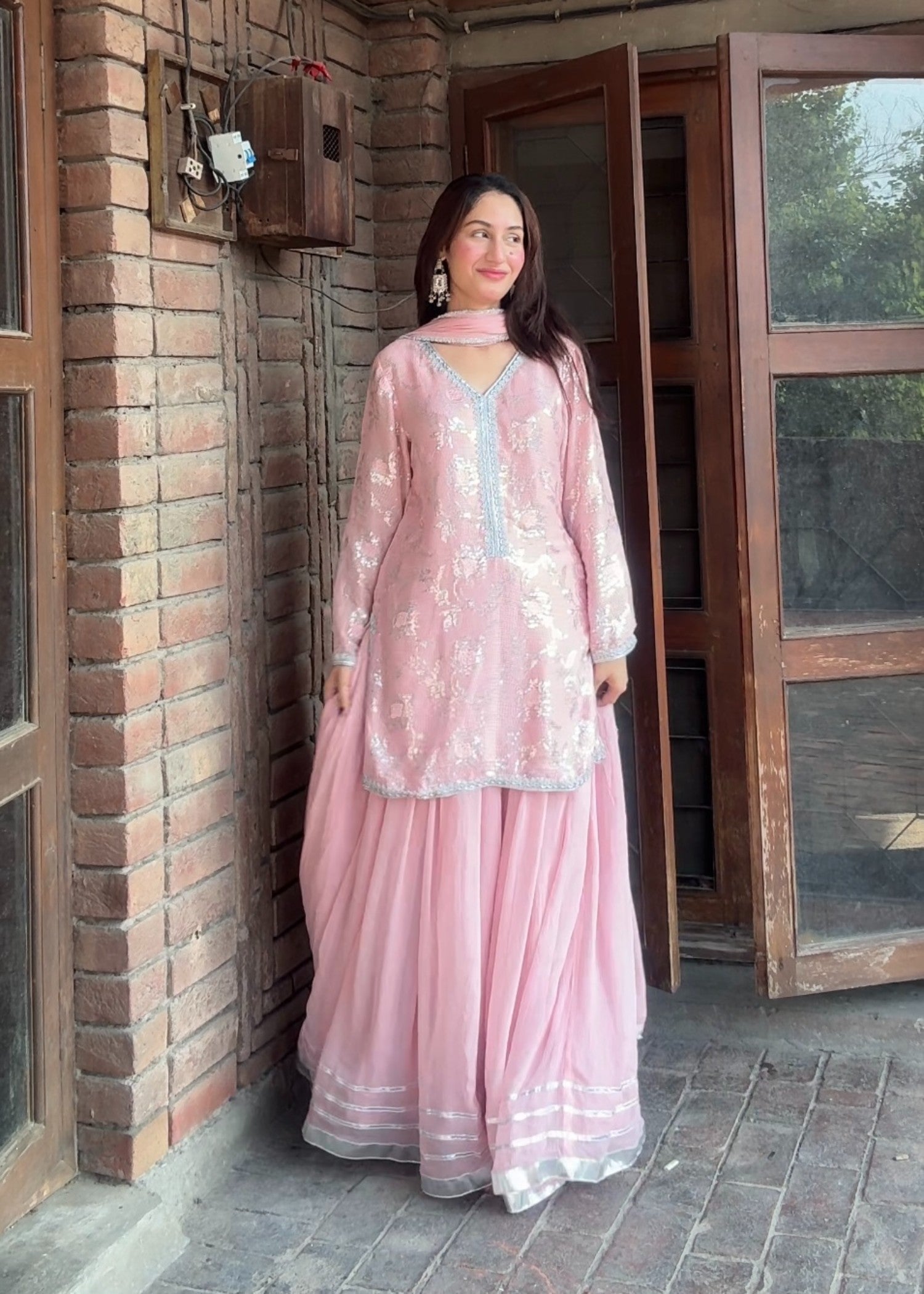 bemberg crinkle chiffon Sharara in Pastel pink