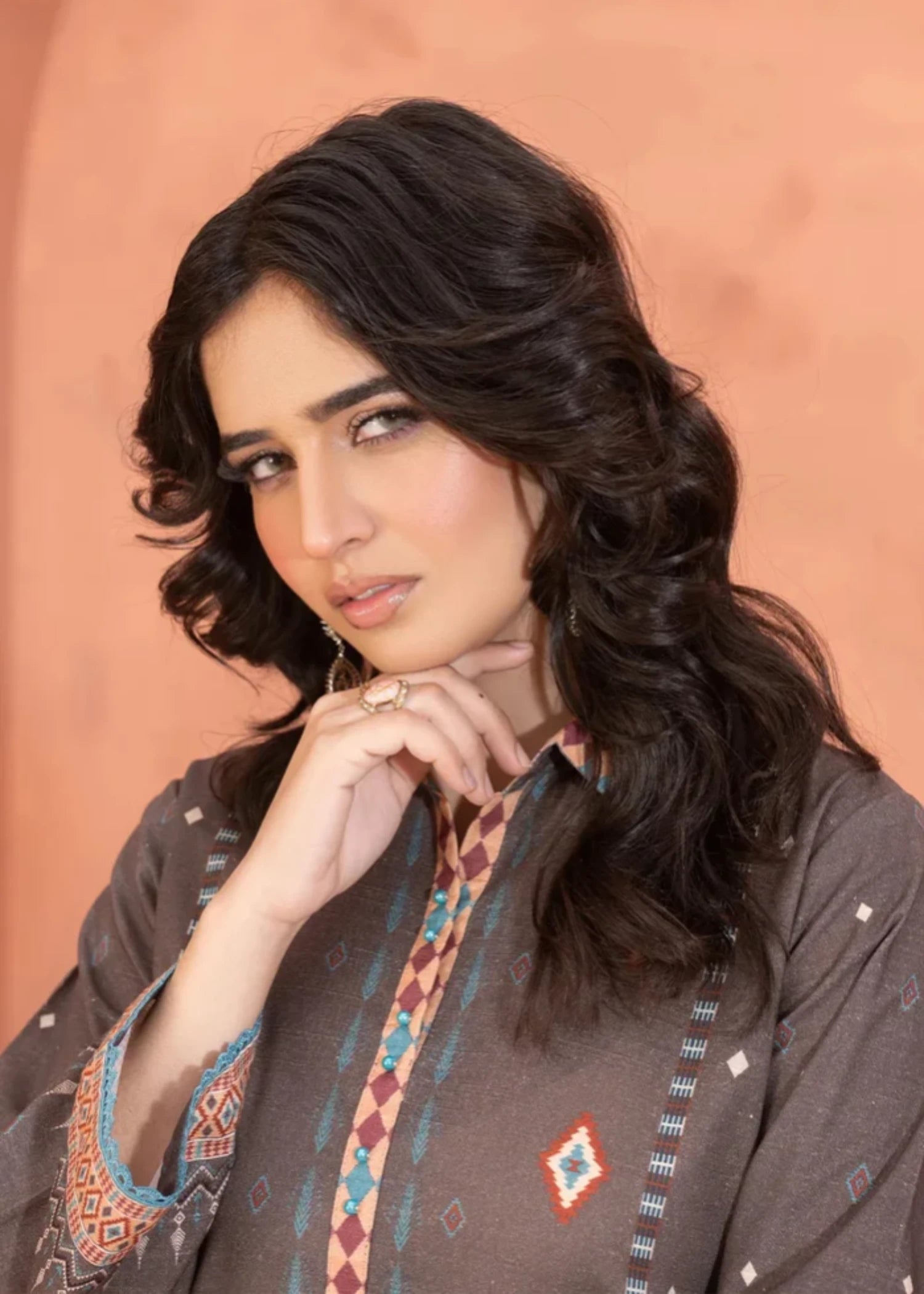 khaddar Unstitched in Almond brown