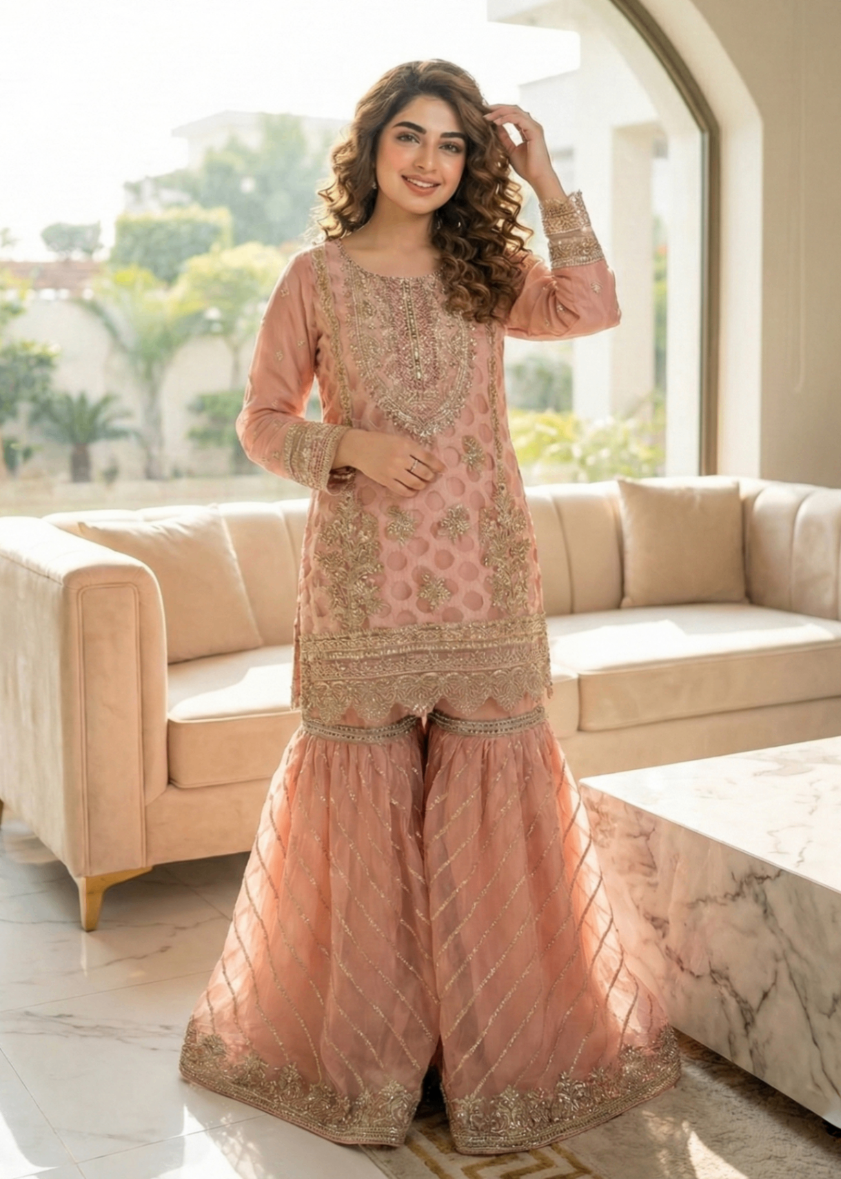 organza Gharara in Peach pink