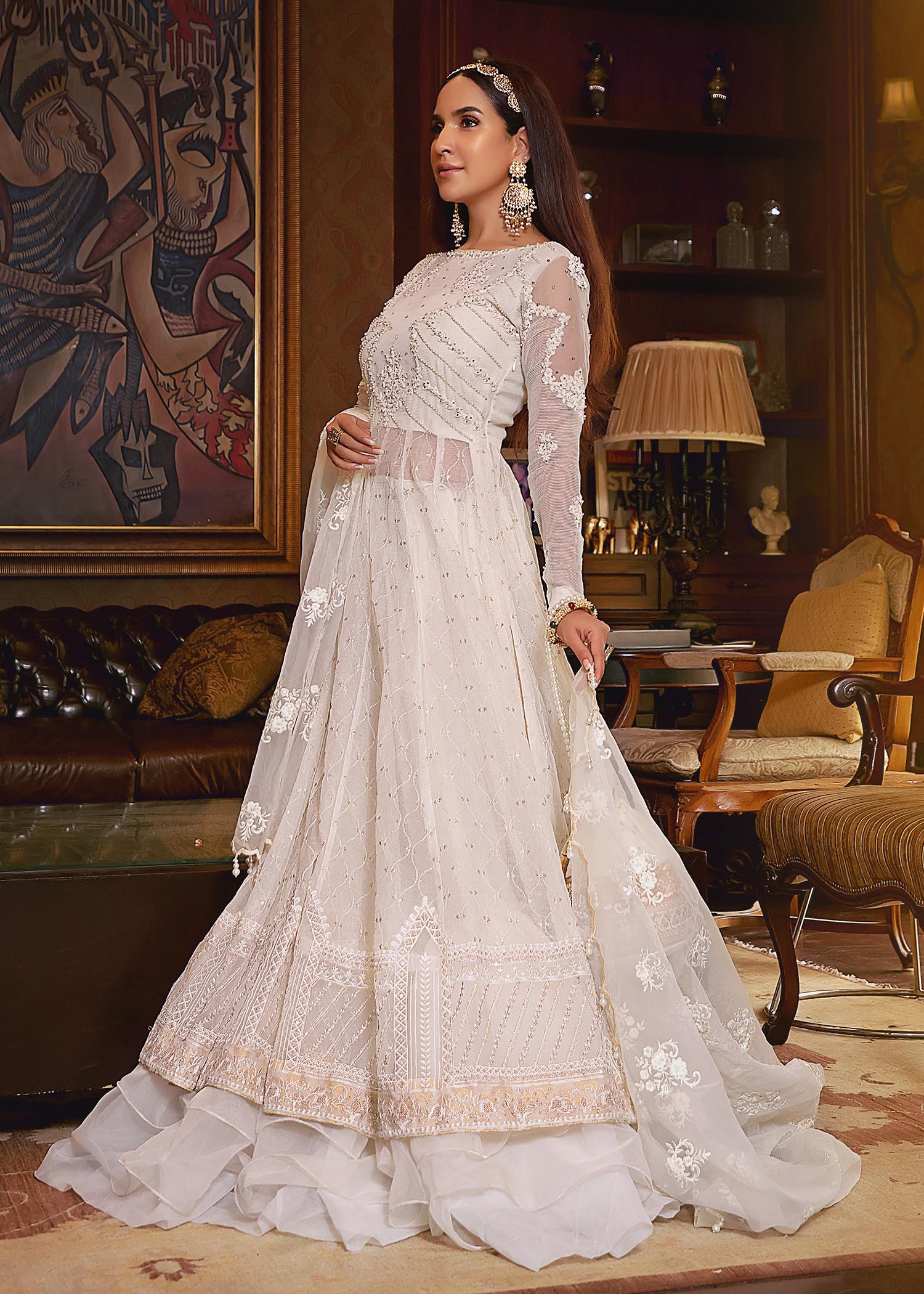 cotton karandi Pishwas in Ivory