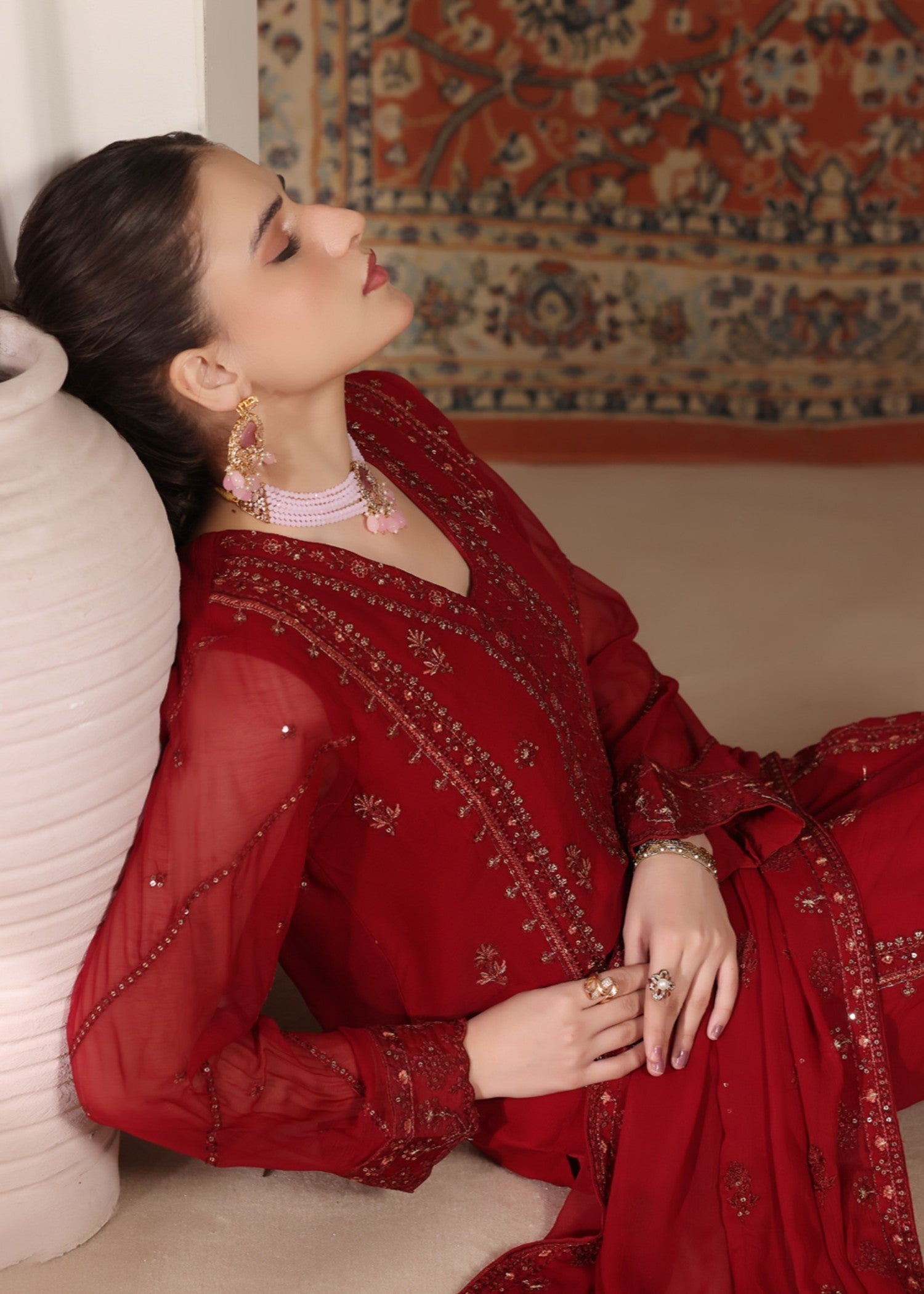 chiffon Kurta Set in Crimson
