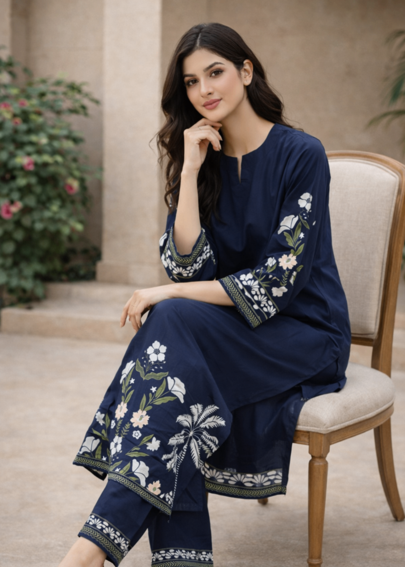 crepe Kurta Set in Navy blue
