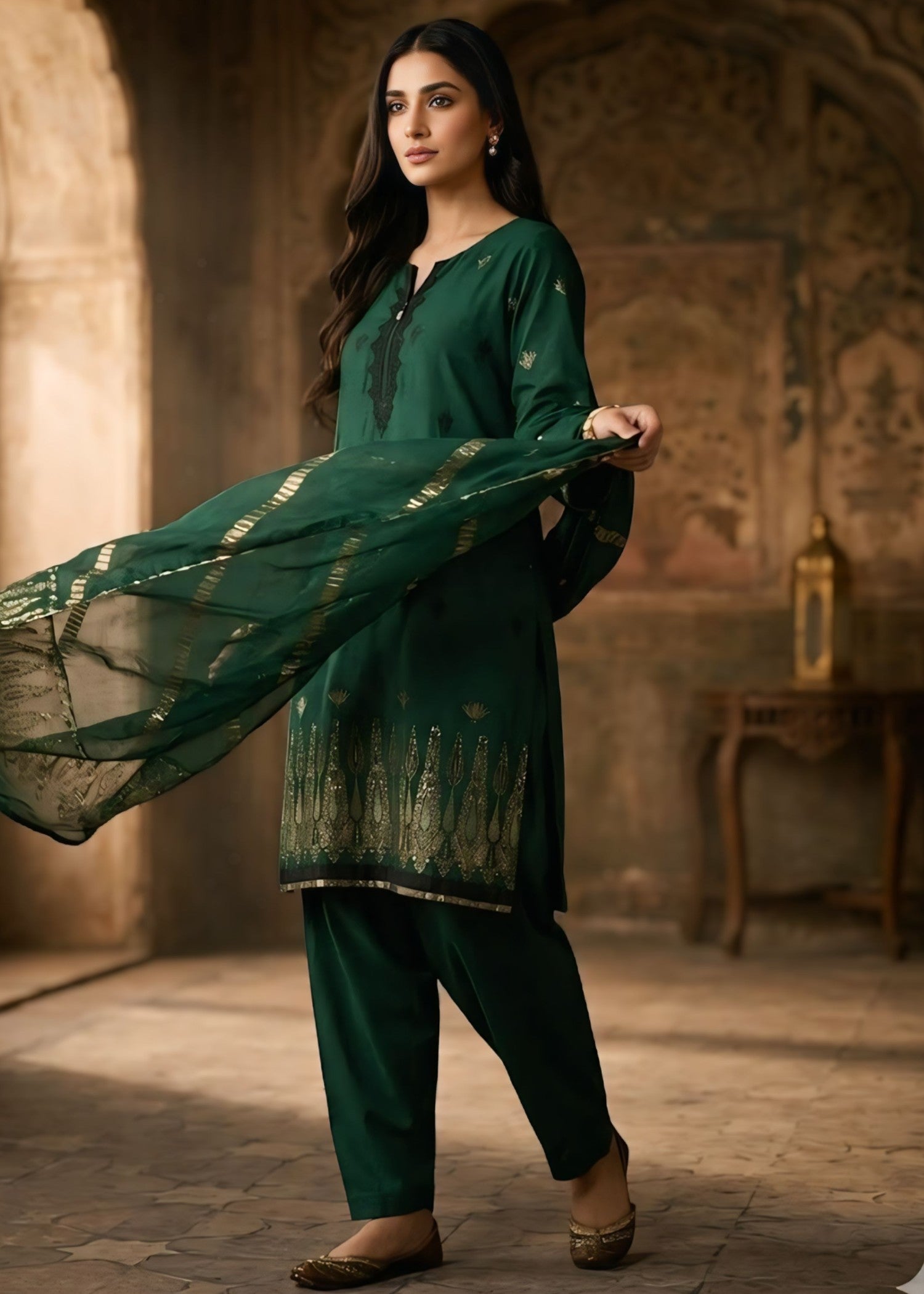 lawn Kurta Set in Blonde, bottle green