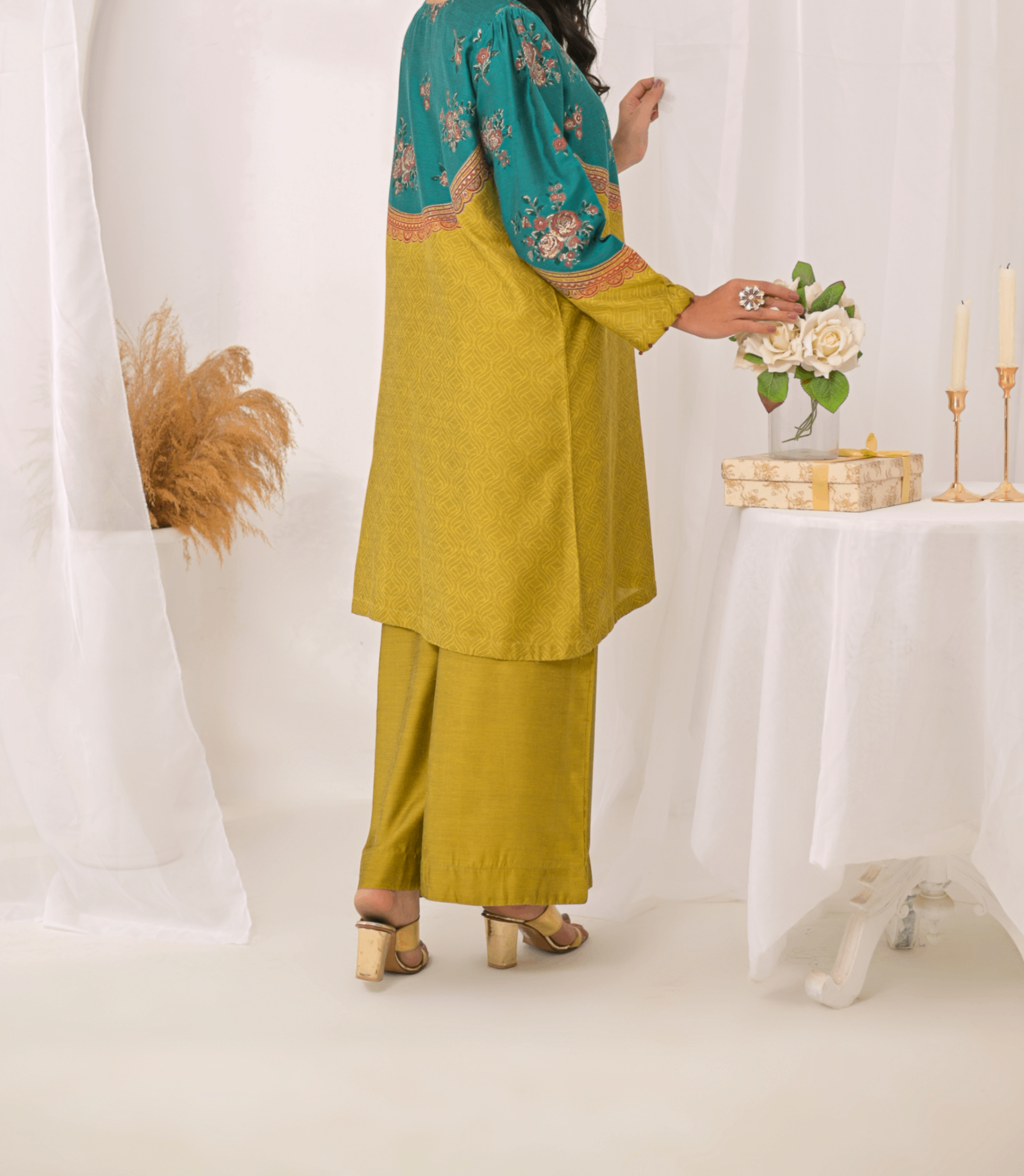 jacquard Gown in Goldenrod, parrot green