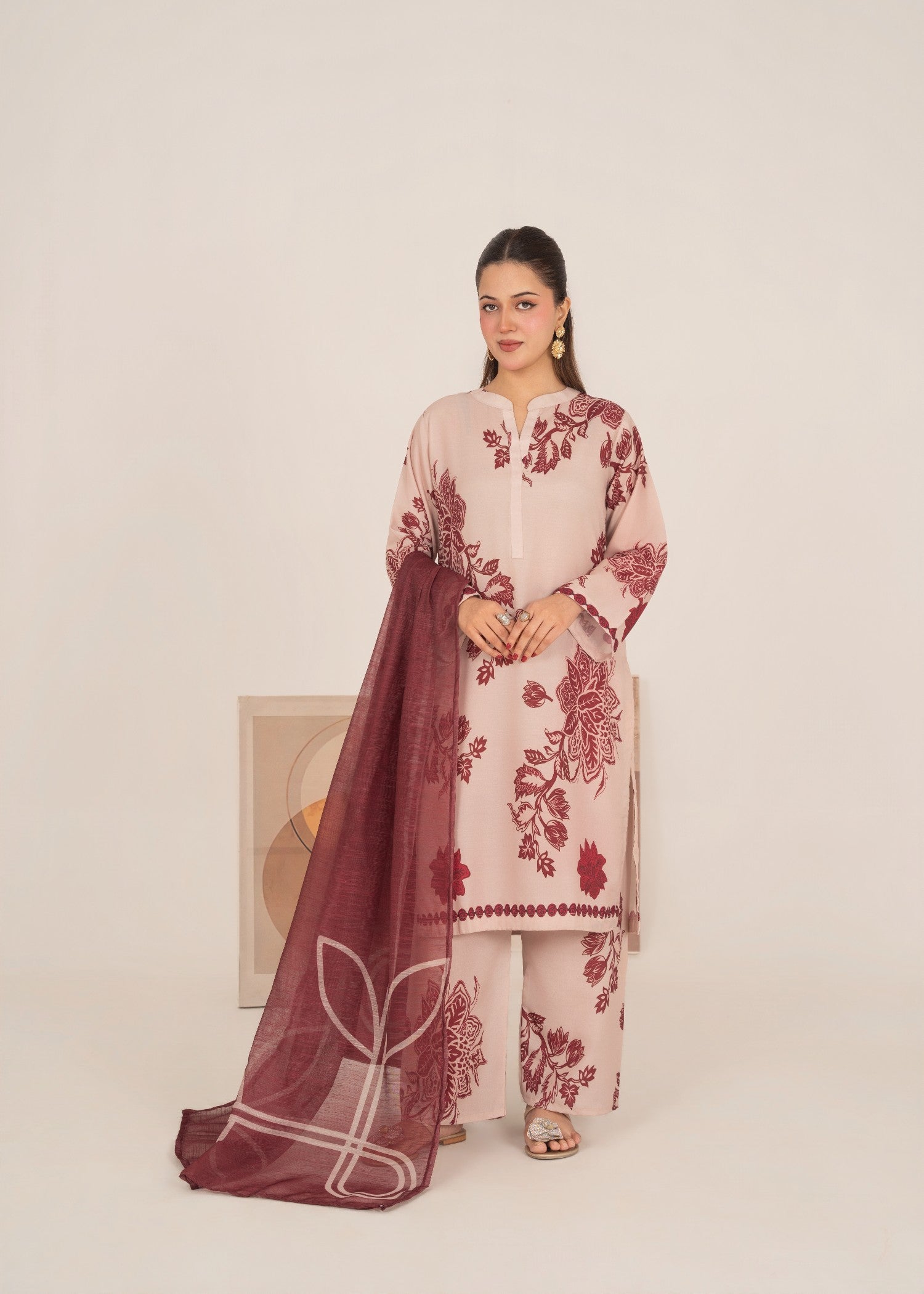 poly lawn Kurta Set in Maroon, cream
