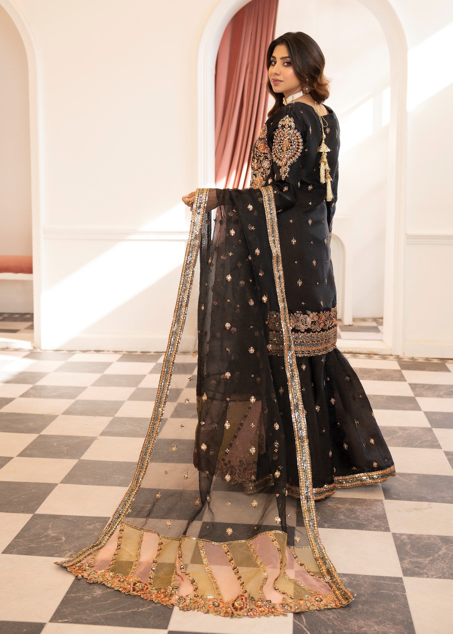 polyester-silk blend Sharara in Jet black