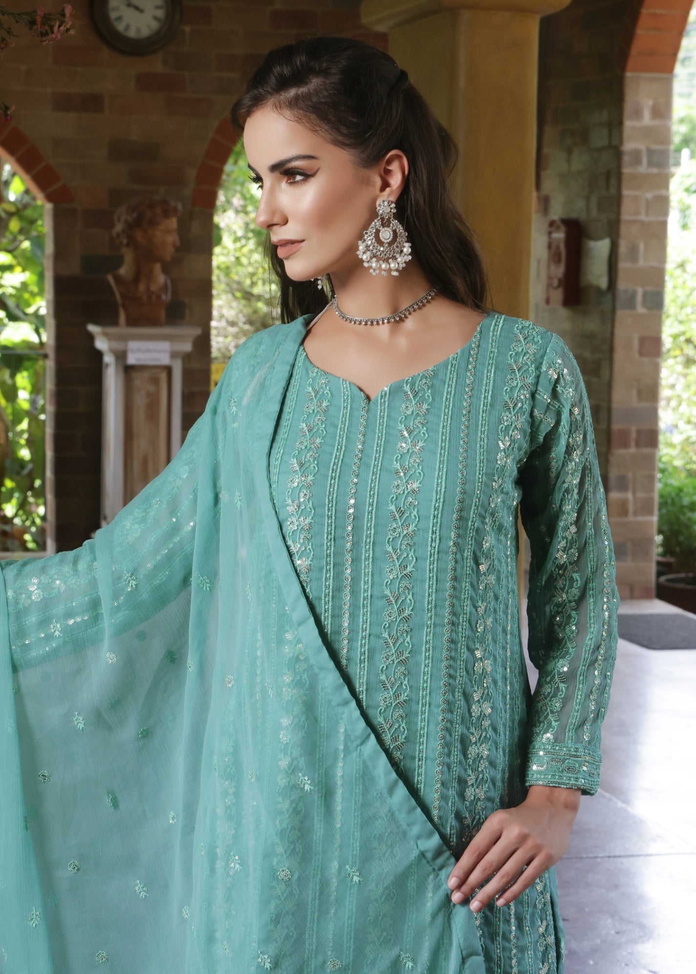 chiffon Kurta Set in Light cyan