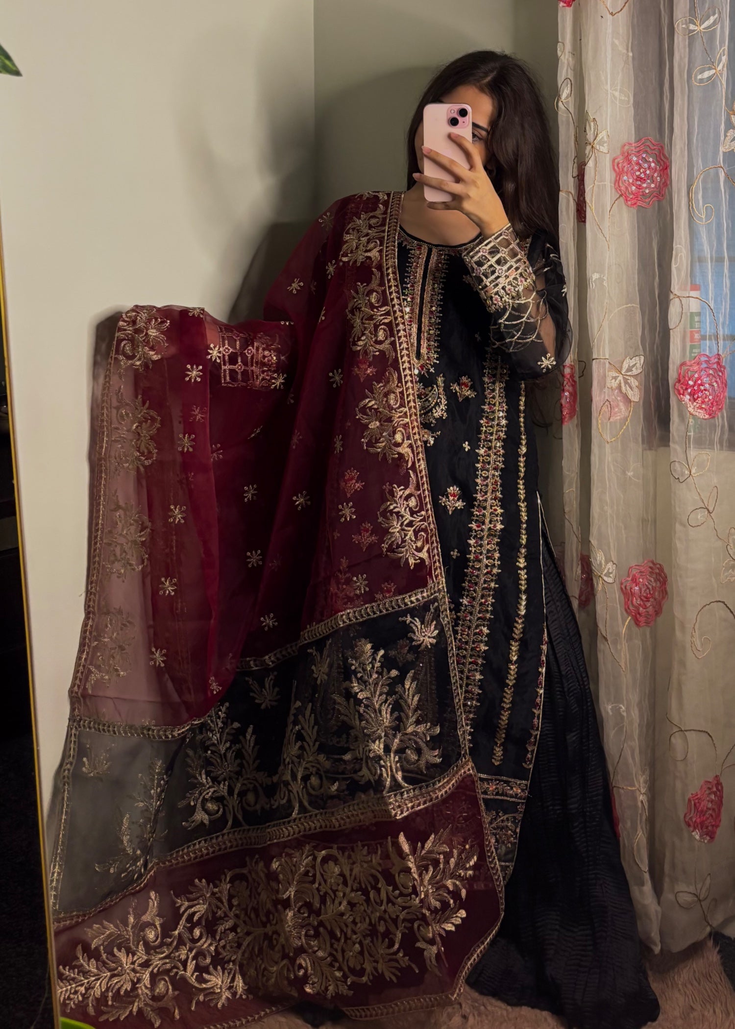 organza Sharara in Maroon, black