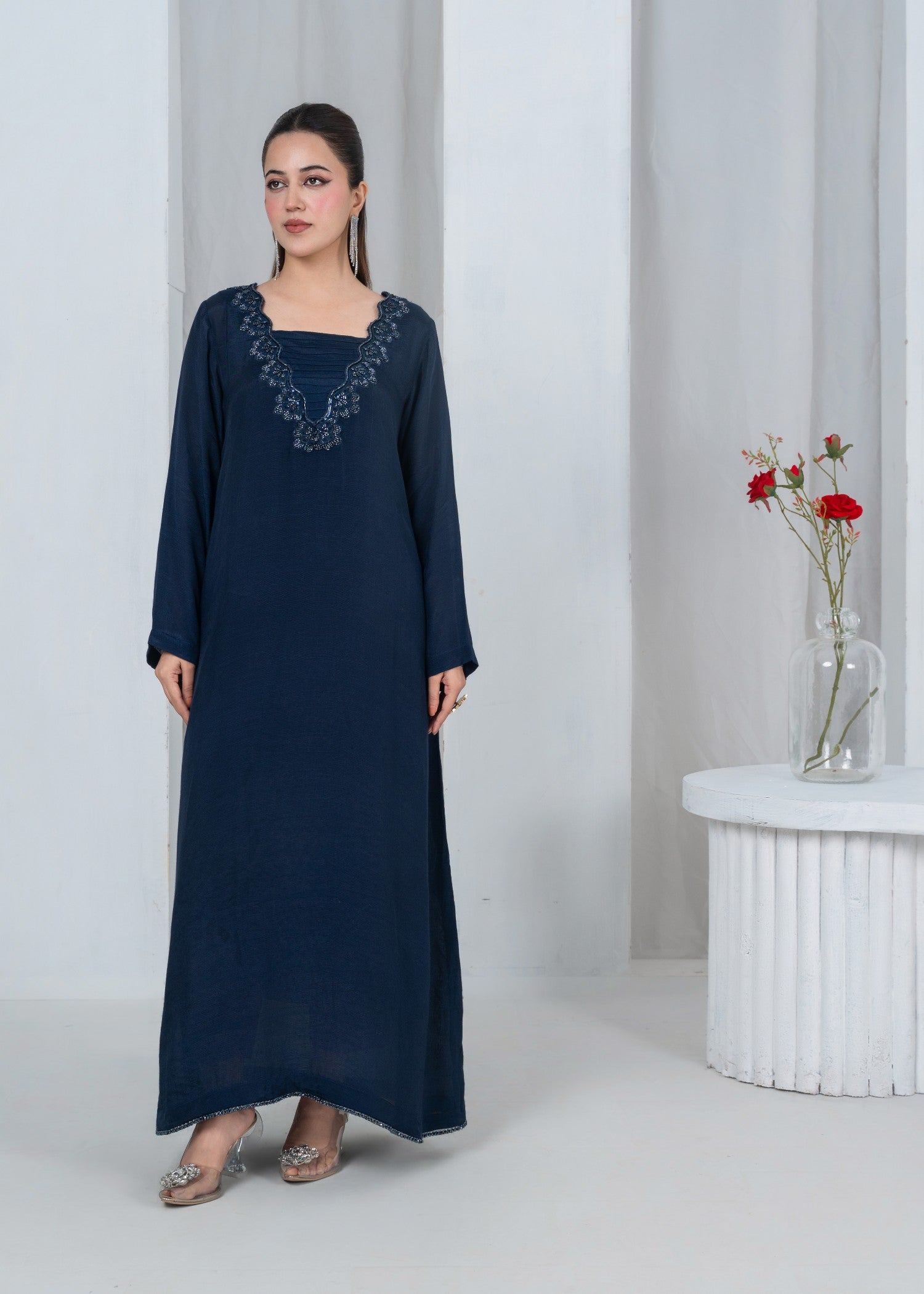 raw silk Kaftan in Navy blue