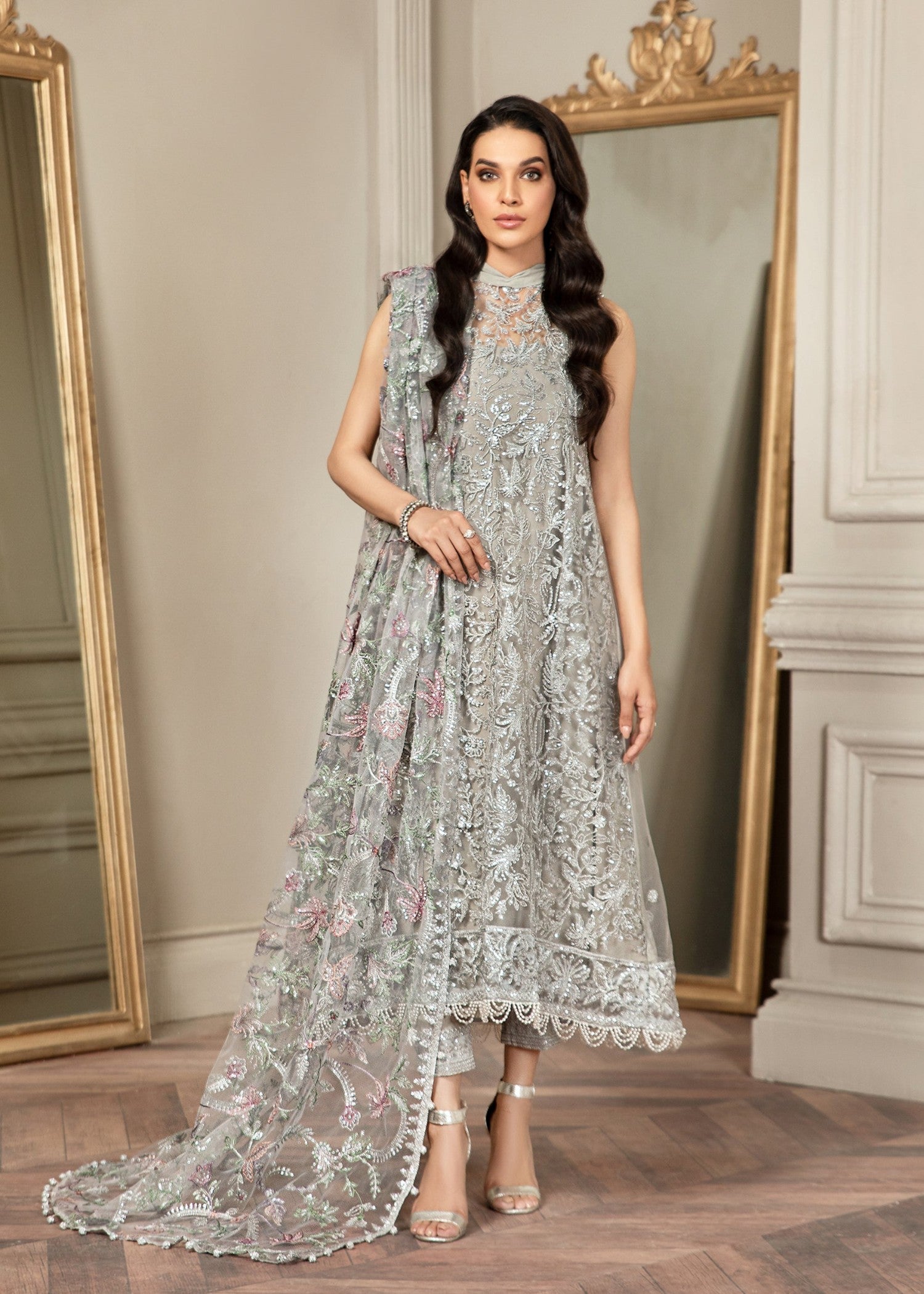 net Kurta Set in Ash grey