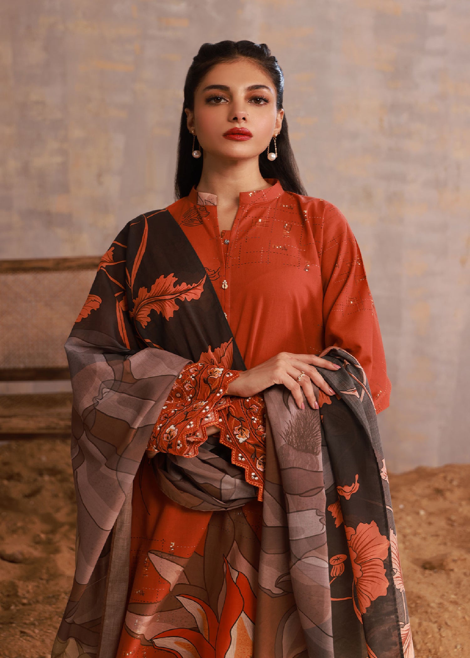 cambric Kurta Set in Rust orange