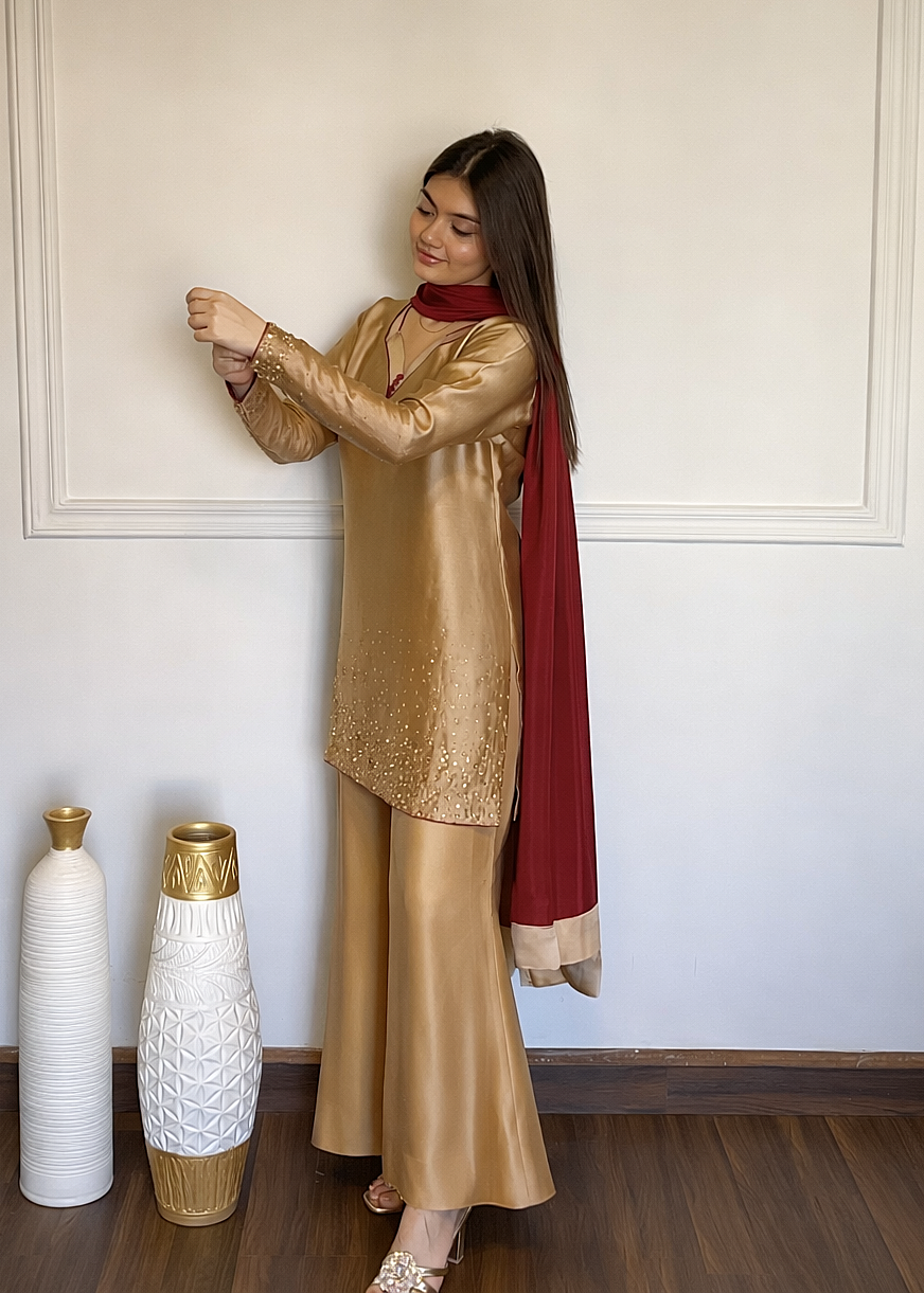 tissue silk Kurta Set in Almond brown