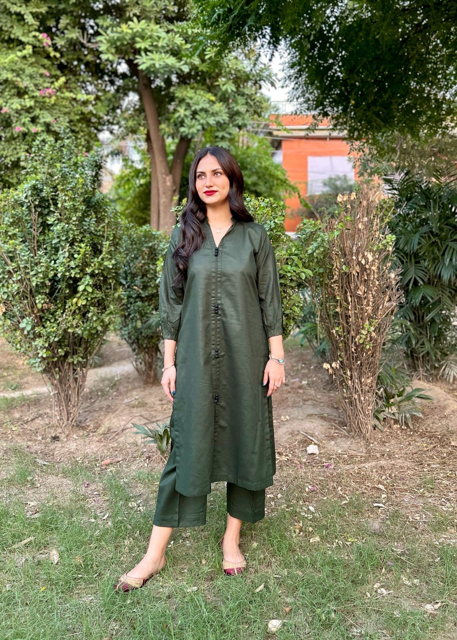 slub khaddar Co Ord Sets in Dark green
