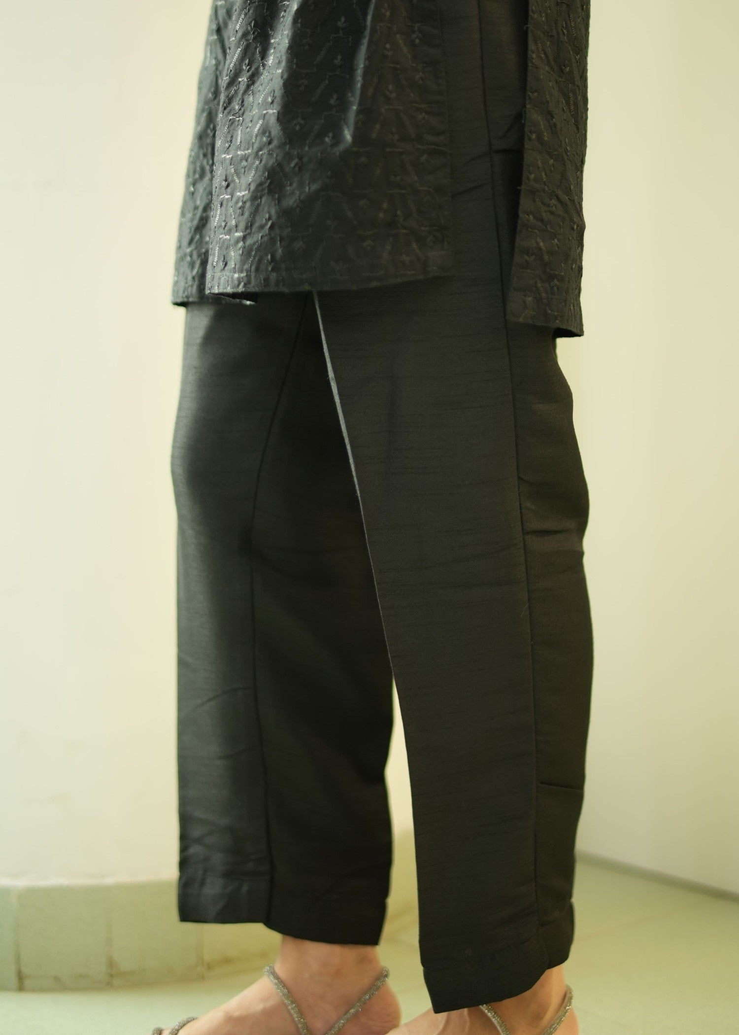 pk raw silk Trousers in Black
