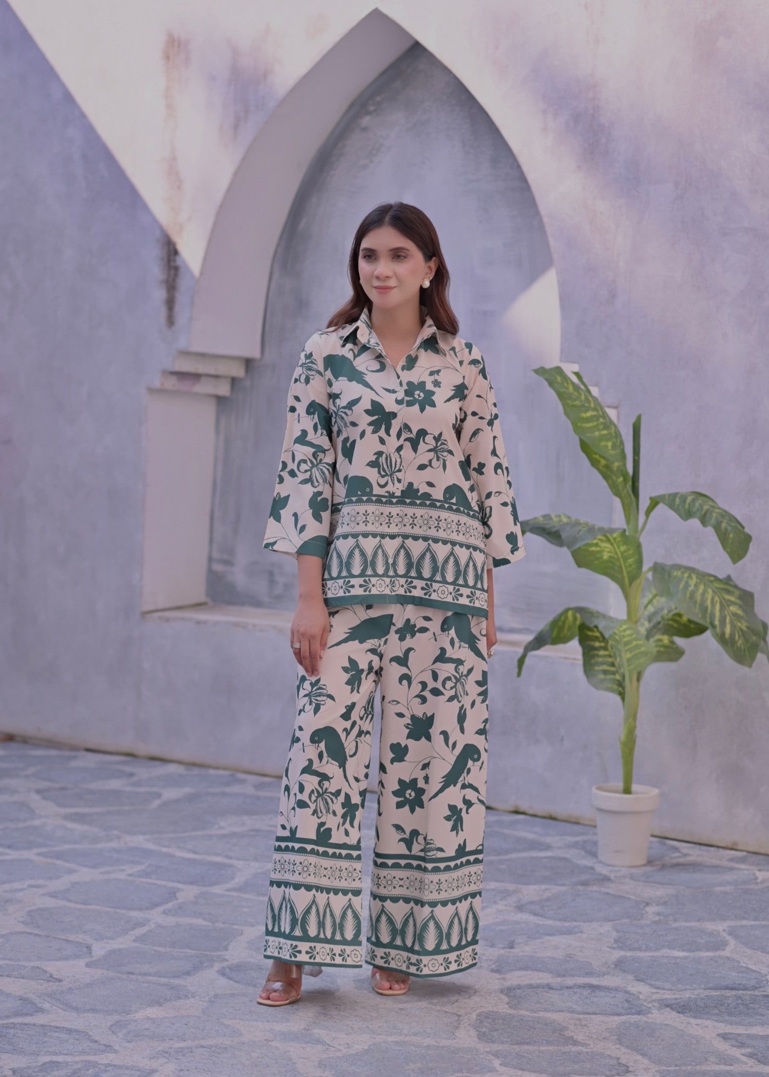 crepe Co ord Sets in Emerald green, ivory