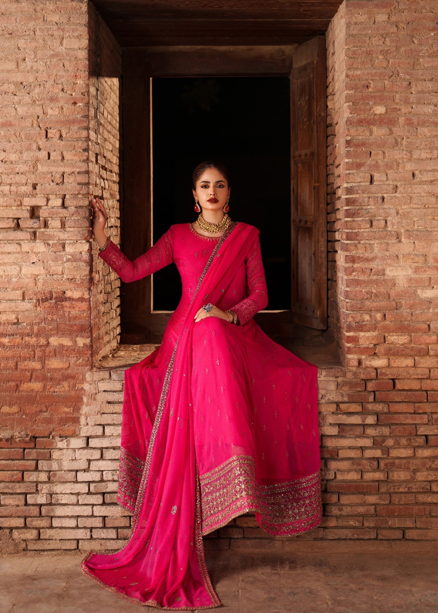crinkle chiffon Maxi in Shocking pink